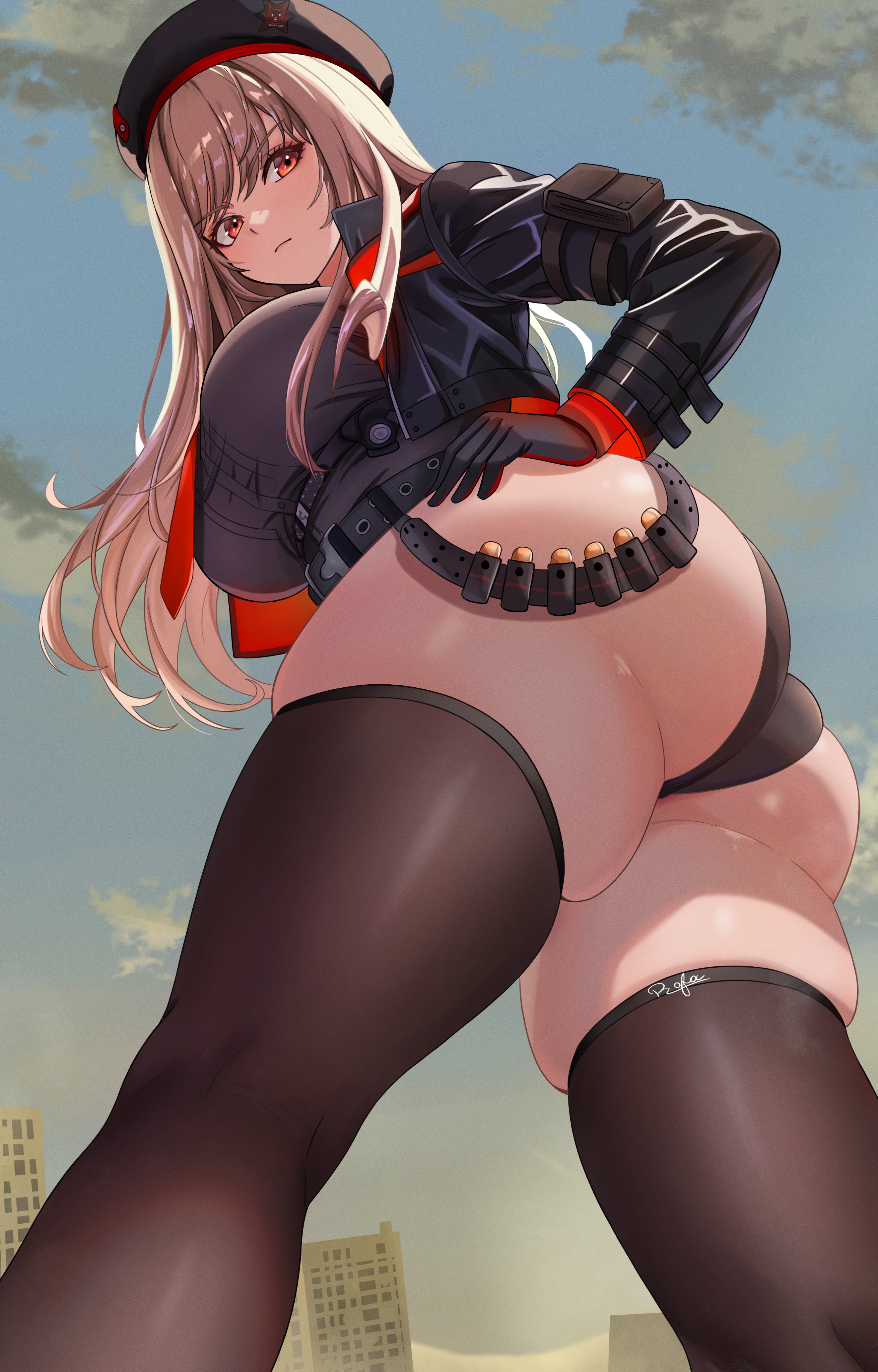 string rafart, rapi (nikke), goddess of victory: nikke, absurdres, commentary, english commentary, highres, 1girl, ass, beret, black gloves, black hat, black jacket, black shirt, black shorts, breasts, brown hair, brown thighhighs, closed mouth, feet out of frame, from below, gloves, hand on own hip, hat, jacket, large breasts, long hair, long sleeves, looking at viewer, necktie, red eyes, red necktie, shirt, short shorts, shorts, signature, sky, solo, standing, thighhighs
