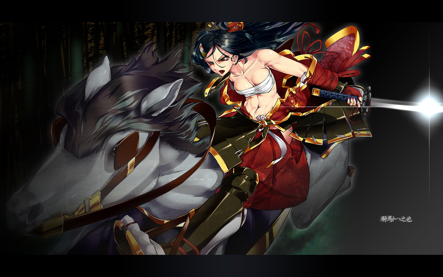 bowalia, original, highres, 1girl, armor, black hair, brown eyes, female focus, fingerless gloves, gloves, hair ornament, horse, horseback riding, japanese clothes, katana, muscular, riding, sarashi, solo, sword, weapon