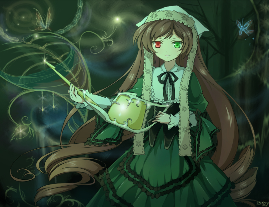 mtyy, suiseiseki, rozen maiden, bad id, bad pixiv id, 00s, 1girl, brown hair, bug, butterfly, dress, female focus, frills, headscarf, heterochromia, insect, long hair, ribbon, solo, very long hair, watering can, white headscarf