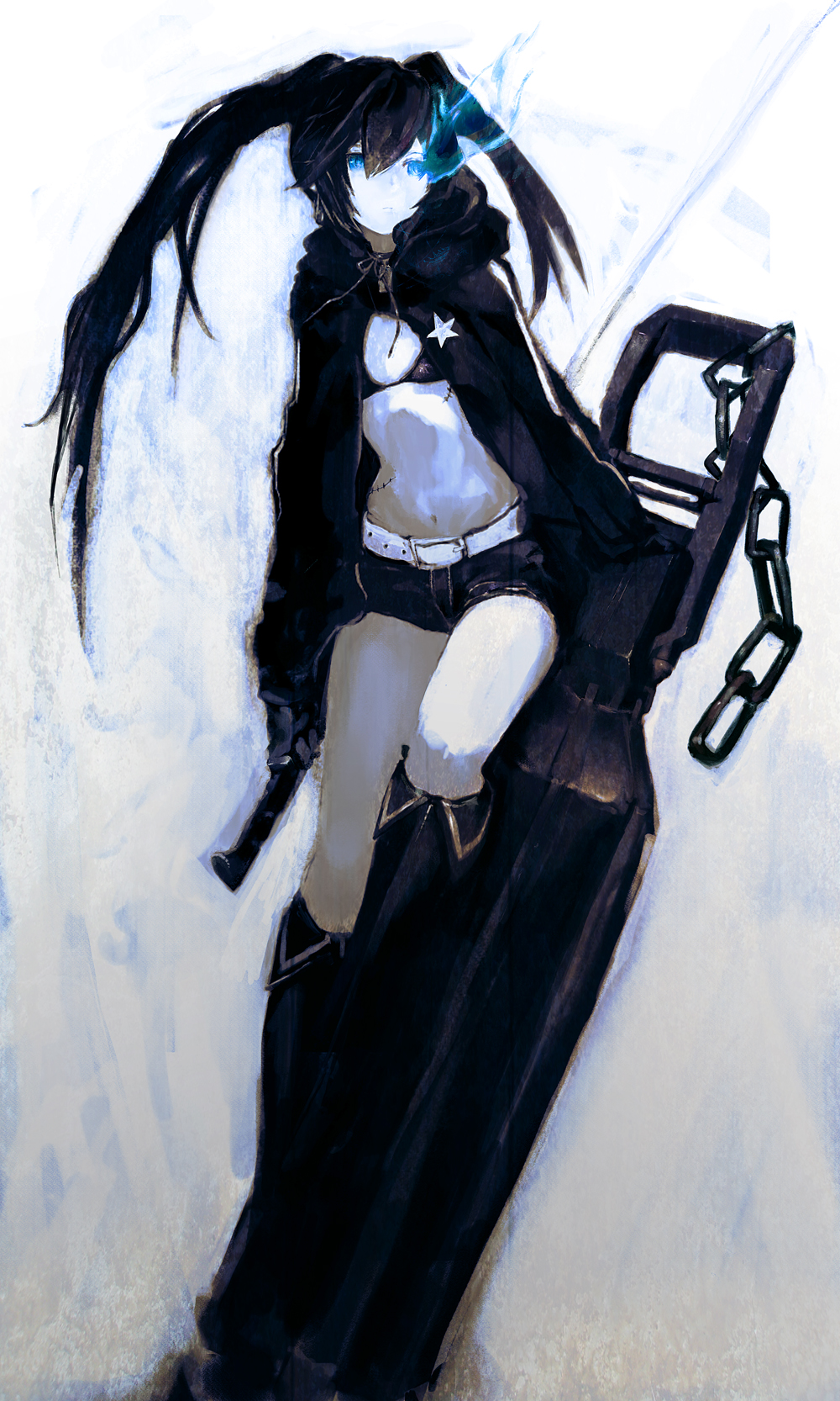 so-bin, black rock shooter (character), black rock shooter, highres, 10s, 1girl, arm cannon, bikini, bikini top only, black hair, blue eyes, boots, cannon, female focus, full body, glowing, glowing eyes, gradient background, jacket, long hair, monochrome, navel, pale skin, scar, shorts, simple background, solo, swimsuit, sword, twintails, uneven twintails, weapon