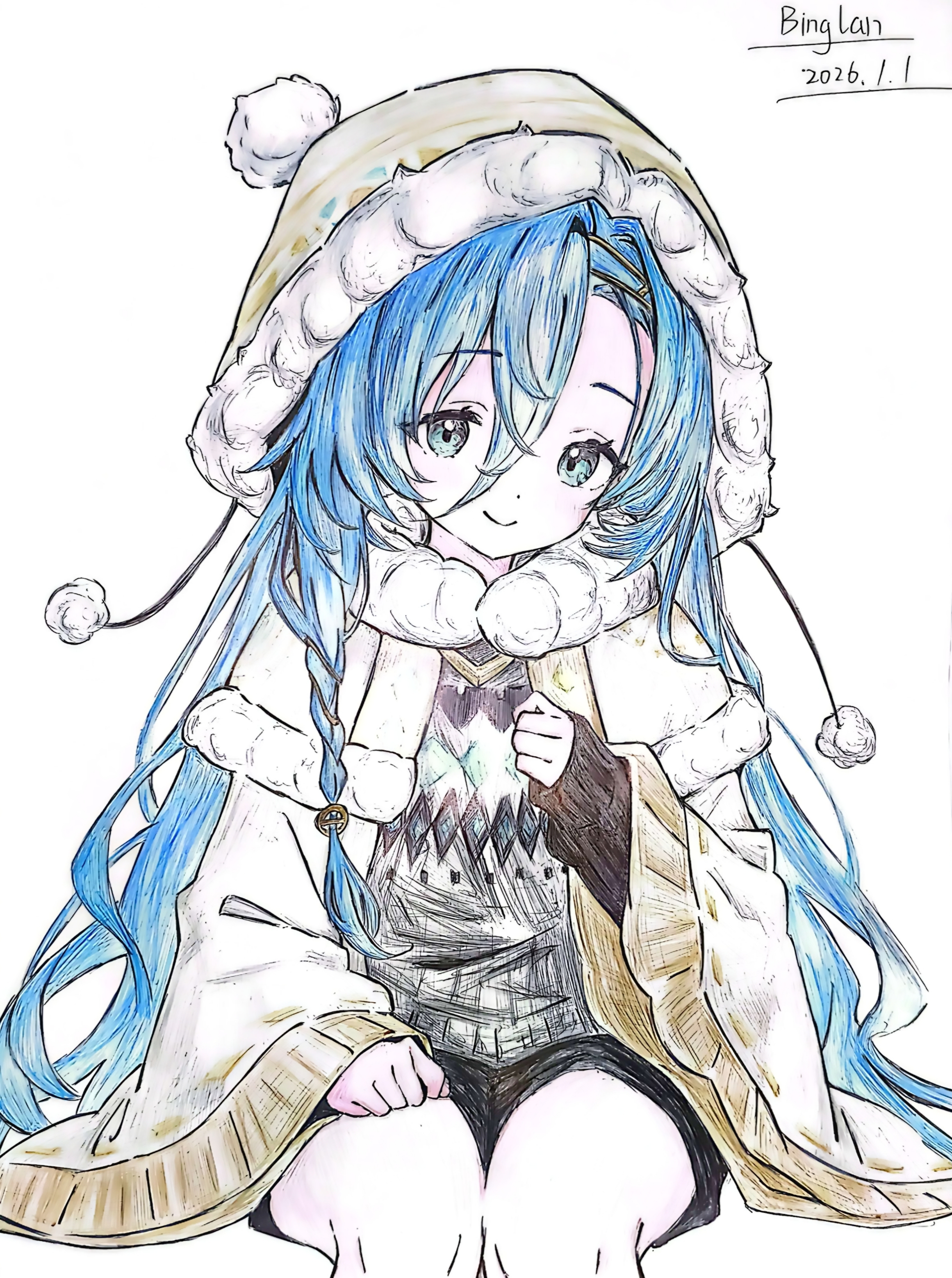 37 (maidjump goods cafe) (reverse:1999), 37 (reverse:1999), reverse:1999, absurdres, highres, traditional media, 1girl, artist name, beanie, binglan der, black skirt, blue eyes, blue hair, cowboy shot, dated, grey sweater, hair between eyes, hat, long hair, looking at viewer, miniskirt, official alternate costume, pom pom (clothes), pom pom beanie, signature, sitting, skirt, smile, solo, sweater, very long hair, white background, yellow cloak, yellow hat