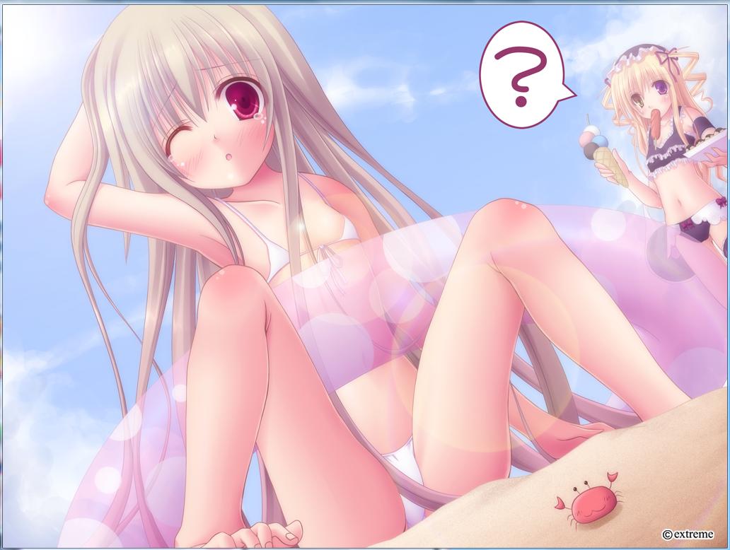 aoi kumiko, kago no tori, momoiro taisen pairon, original, silver hair, character request, 2girls, ;o, ?, arm behind head, armpits, barefoot, beach, bikini, blonde hair, blush, cloud, crab, crustacean, day, dutch angle, flat chest, food, food in mouth, frilled bikini, frills, front-tie top, green eyes, heterochromia, ice cream, ice cream cone, innertube, lens flare, loli, long hair, micro bikini, mouth hold, multiple girls, navel, one eye closed, outdoors, purple eyes, red eyes, sitting, sky, spoken question mark, spread legs, swim ring, swimsuit, tears, transparent, twintails, white bikini, wink