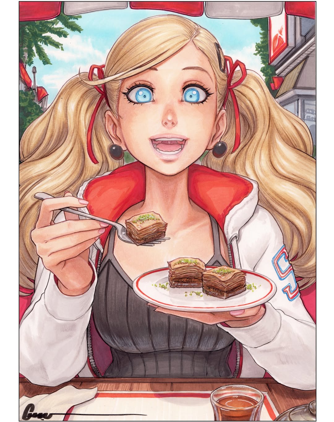 omar dogan, takamaki anne, persona, persona 5, highres, 1girl, beach umbrella, bell, black tank top, blonde hair, blue eyes, blue sky, breasts, building, cup, drinking glass, earrings, food, fork, hair ornament, hair ribbon, hairclip, holding, holding food, holding fork, holding plate, hood, hoodie, incoming food, jewelry, large breasts, long hair, looking at viewer, nail polish, napkin, open clothes, open hoodie, open mouth, outdoors, parted lips, pink nails, plate, red hood, red ribbon, ribbed tank top, ribbon, school uniform, shuujin academy school uniform, sky, solo, table, tablecloth, tank top, tree, twintails, two-tone hoodie, umbrella, very long hair, white hoodie, wooden table