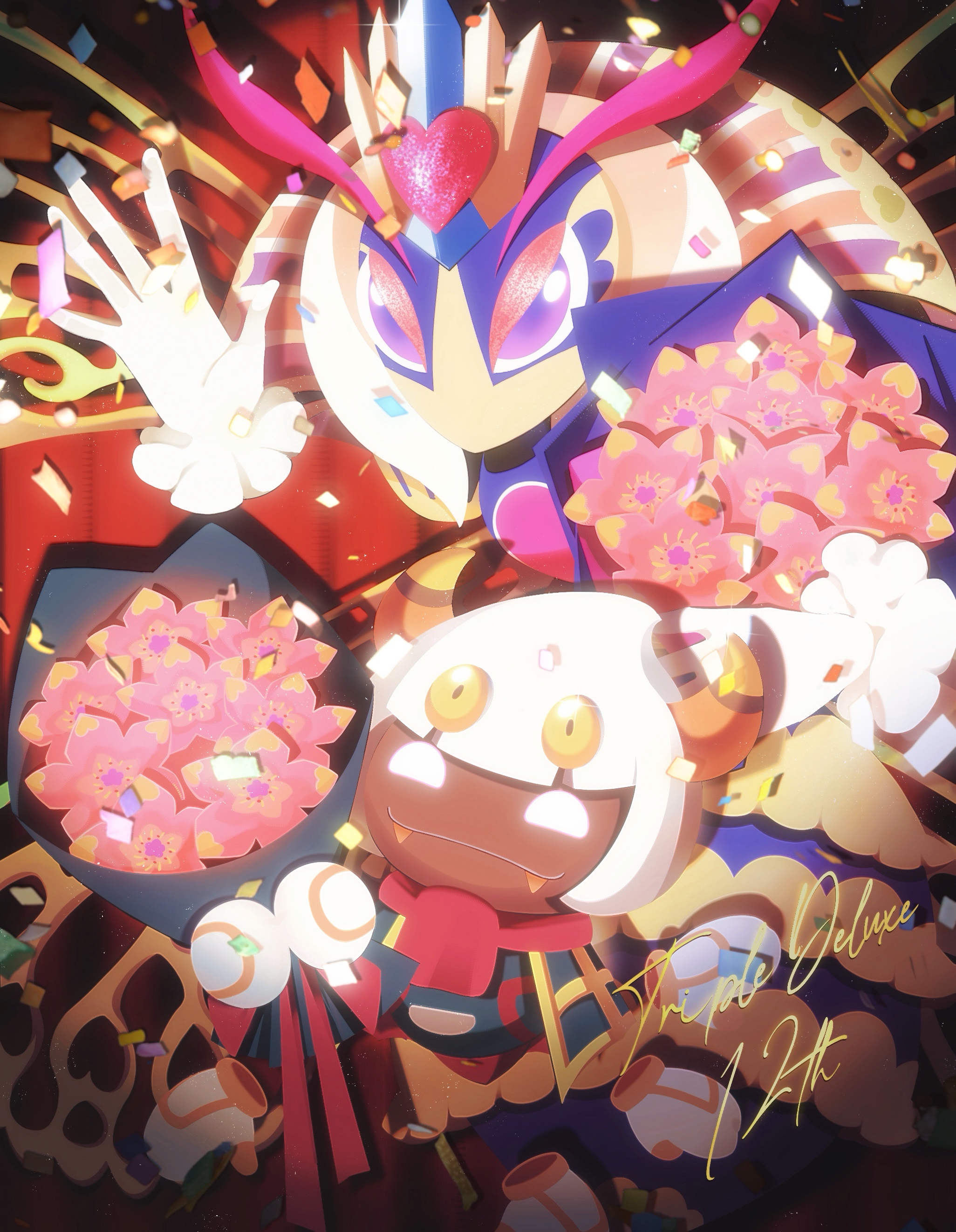 93mai, queen sectonia, taranza, kirby: triple deluxe, kirby (series), nintendo, absurdres, highres, 1boy, 1girl, anniversary, bouquet, confetti, eyeshadow, fangs, flower, gloves, heart, holding, holding bouquet, horns, insect wings, makeup, pink eyeshadow, purple eyes, rayman limbs, red scarf, scarf, white gloves, white hair, wings