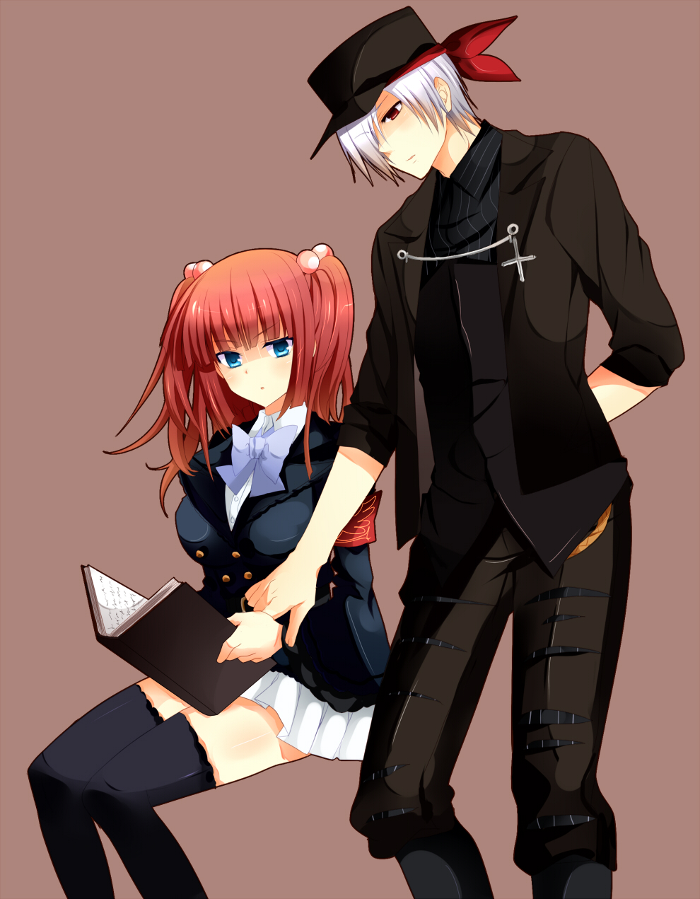 kinatsu souju, amakusa juuza, ushiromiya ange, umineko no naku koro ni, silver hair, bad id, bad pixiv id, highres, 00s, 1boy, 1girl, bandana, blue eyes, book, bow, bowtie, red hair, skirt, thighhighs, twintails