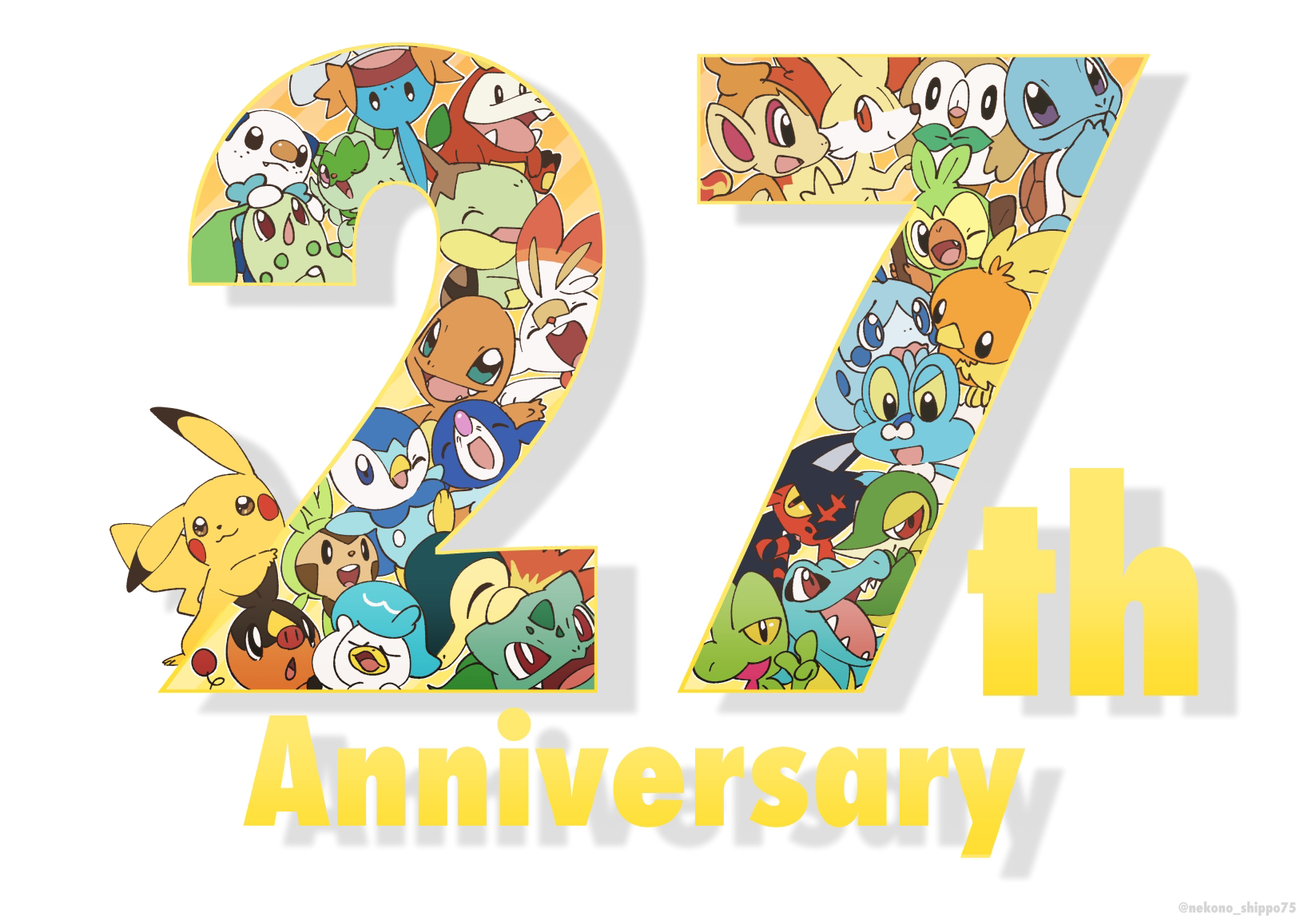 nako (nekono shippo75), bulbasaur, charmander, chespin, chikorita, chimchar, cyndaquil, fennekin, froakie, fuecoco, grookey, litten, mudkip, oshawott, pikachu, piplup, popplio, quaxly, rowlet, scorbunny, snivy, sobble, sprigatito, squirtle, tepig, torchic, totodile, treecko, turtwig, nintendo, pokemon, commentary request, highres, anniversary, black eyes, blue eyes, bright pupils, brown eyes, gen 1 pokemon, gen 2 pokemon, gen 3 pokemon, gen 4 pokemon, gen 5 pokemon, gen 6 pokemon, gen 7 pokemon, gen 8 pokemon, happy, one eye closed, open mouth, pokemon (creature), pokemon day, red eyes, sharp teeth, starter pokemon trio, teeth, white pupils
