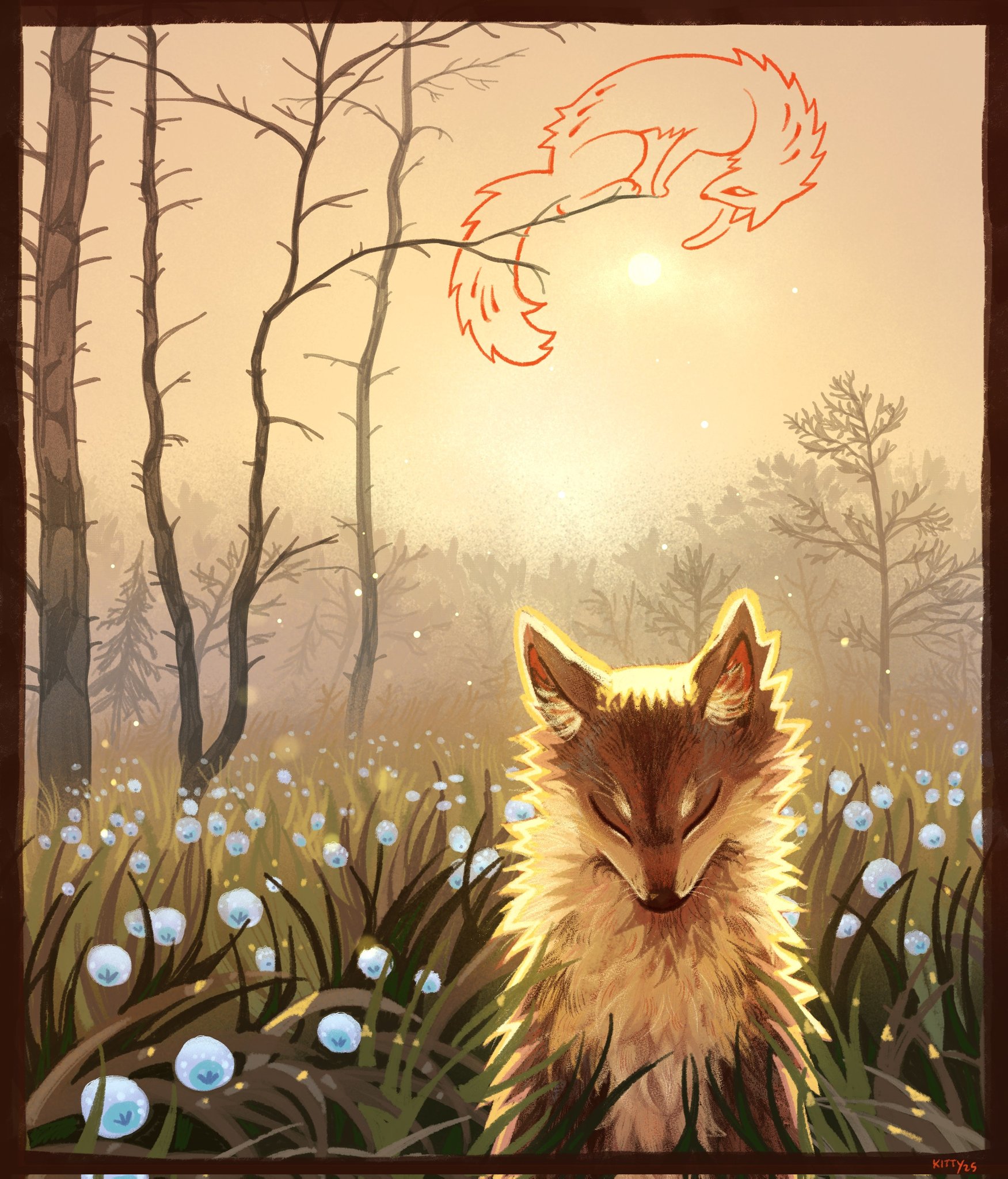 kitty (fernwhisker), original, art study, commentary, corrupted twitter file, english commentary, highres, animal, animal focus, blue flower, border, brown border, brown fur, closed eyes, coyote, dandelion, flower, grass, nature, no humans, outdoors, painterly, signature, sitting, sky, solo focus, sun, sunrise, tree
