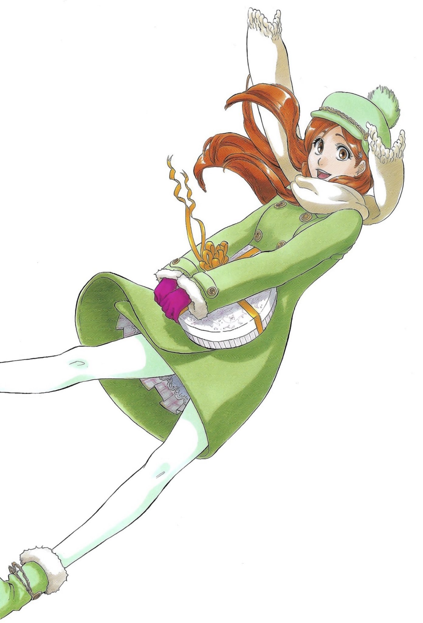 kubo tite, inoue orihime, bleach, official art, 00s, 1girl, breasts, brown eyes, coat, dress, female focus, gift, gloves, happy, hat, holding, holding gift, long hair, open mouth, orange hair, pantyhose, scarf, shoes, simple background, smile, white background, white pantyhose, winter clothes