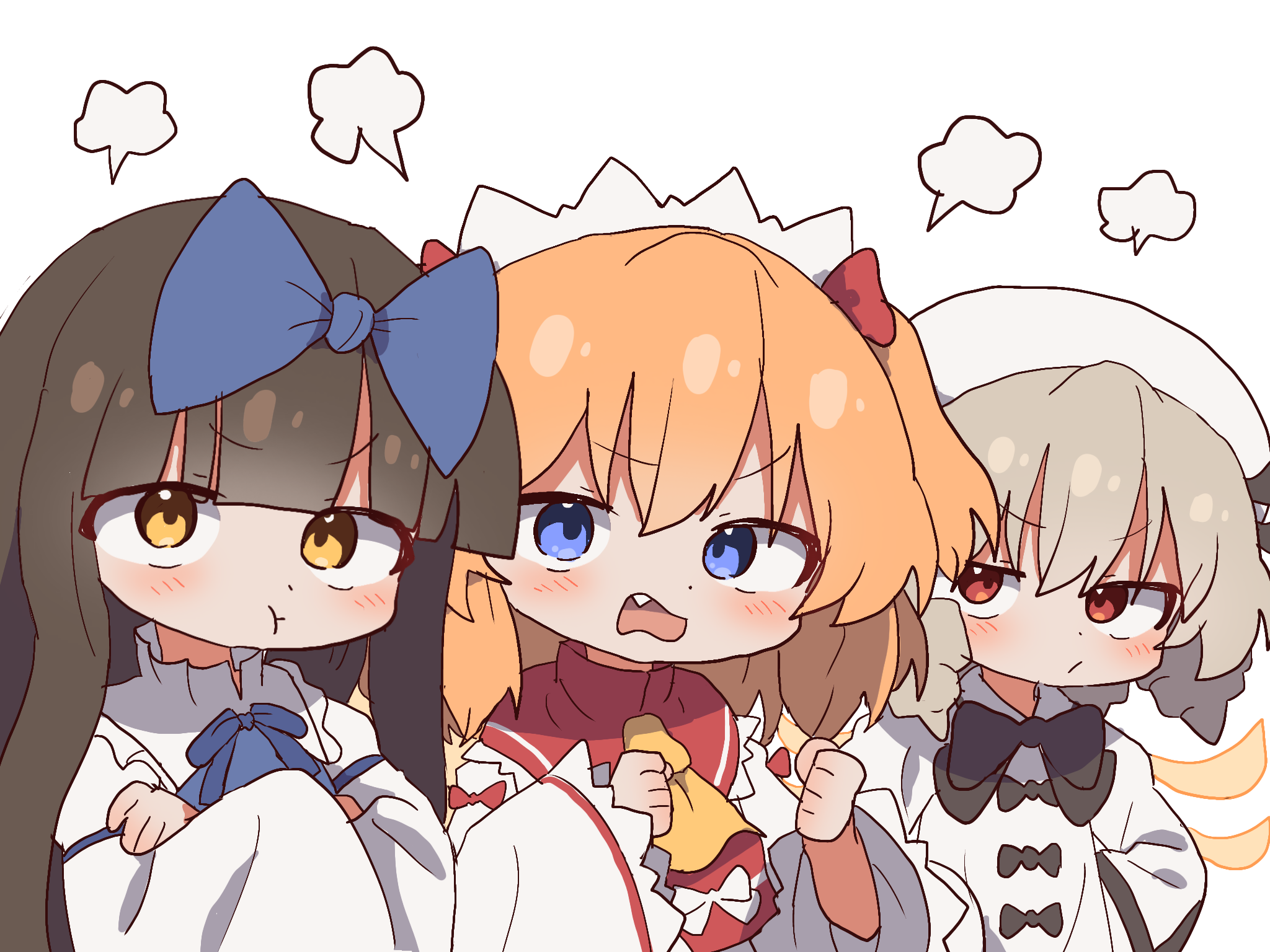 magg (user mtca8588), luna child, star sapphire, sunny milk, touhou, touhou sangetsusei, commentary, highres, korean commentary, 3girls, :t, ascot, black bow, black bowtie, blue bow, blue bowtie, blue eyes, blunt bangs, blush, bow, bowtie, brown hair, closed mouth, crossed arms, dress, fang, grey hair, hair bow, hat, long hair, long sleeves, looking at viewer, multiple girls, open mouth, orange hair, puff of air, red eyes, short hair, simple background, upper body, white background, white dress, white hat, wide sleeves, yellow ascot, yellow eyes