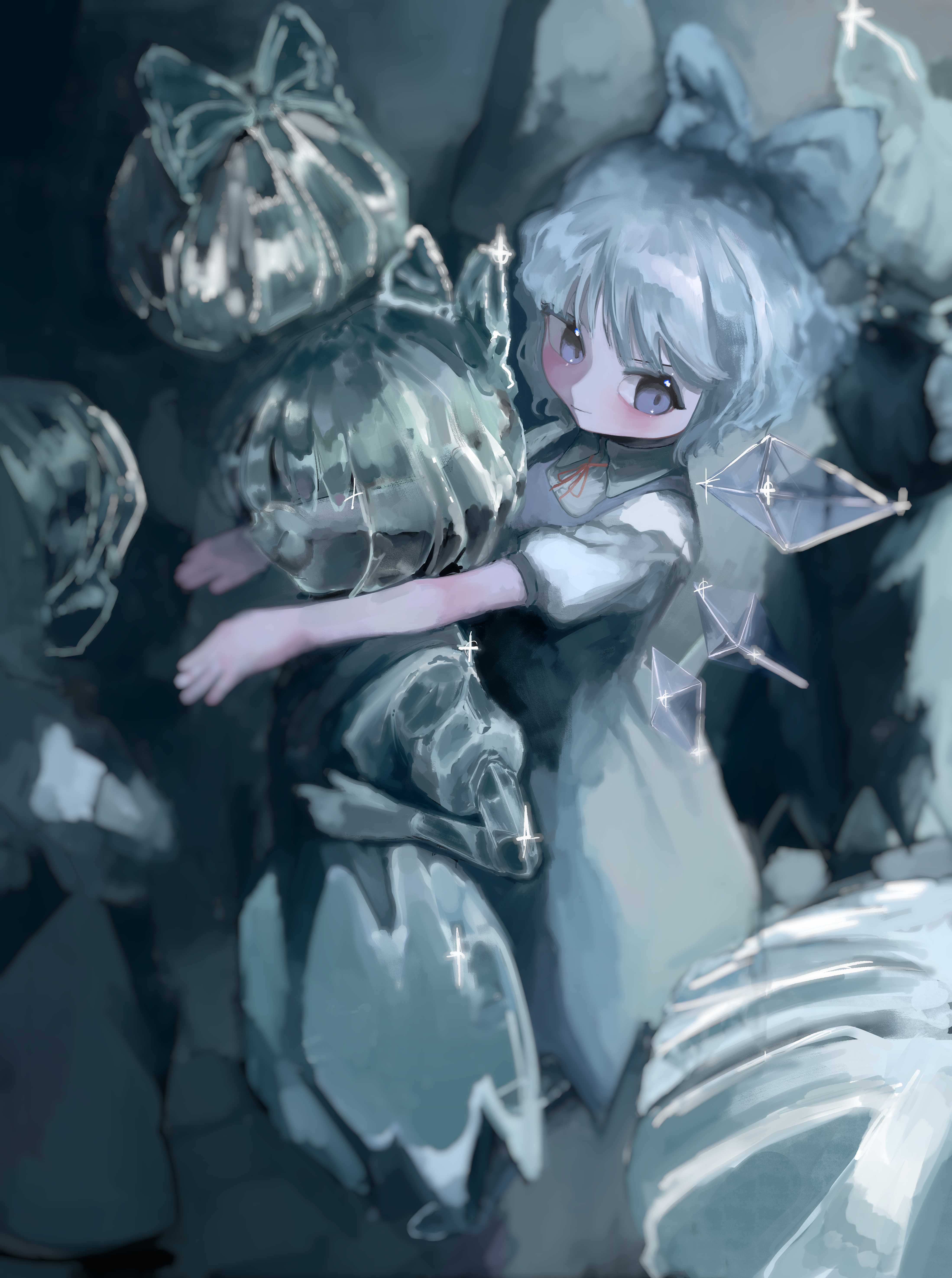 murase uo, cirno, touhou, absurdres, commentary request, highres, 1girl, blue bow, blue dress, blue eyes, blue hair, blurry, blush, bow, closed mouth, collared shirt, depth of field, detached wings, dress, from above, hair bow, ice, ice sculpture, ice wings, neck ribbon, outstretched arms, red ribbon, ribbon, shirt, short hair, short sleeves, sparkle, standing, white shirt, wings