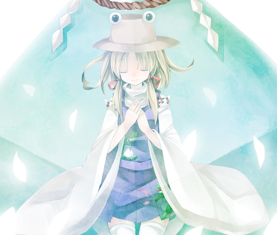 ringpearl, moriya suwako, touhou, bad id, bad pixiv id, 1girl, blonde hair, closed eyes, dress, female focus, frog, hair ribbon, hat, ribbon, solo, thighhighs, white thighhighs, zettai ryouiki