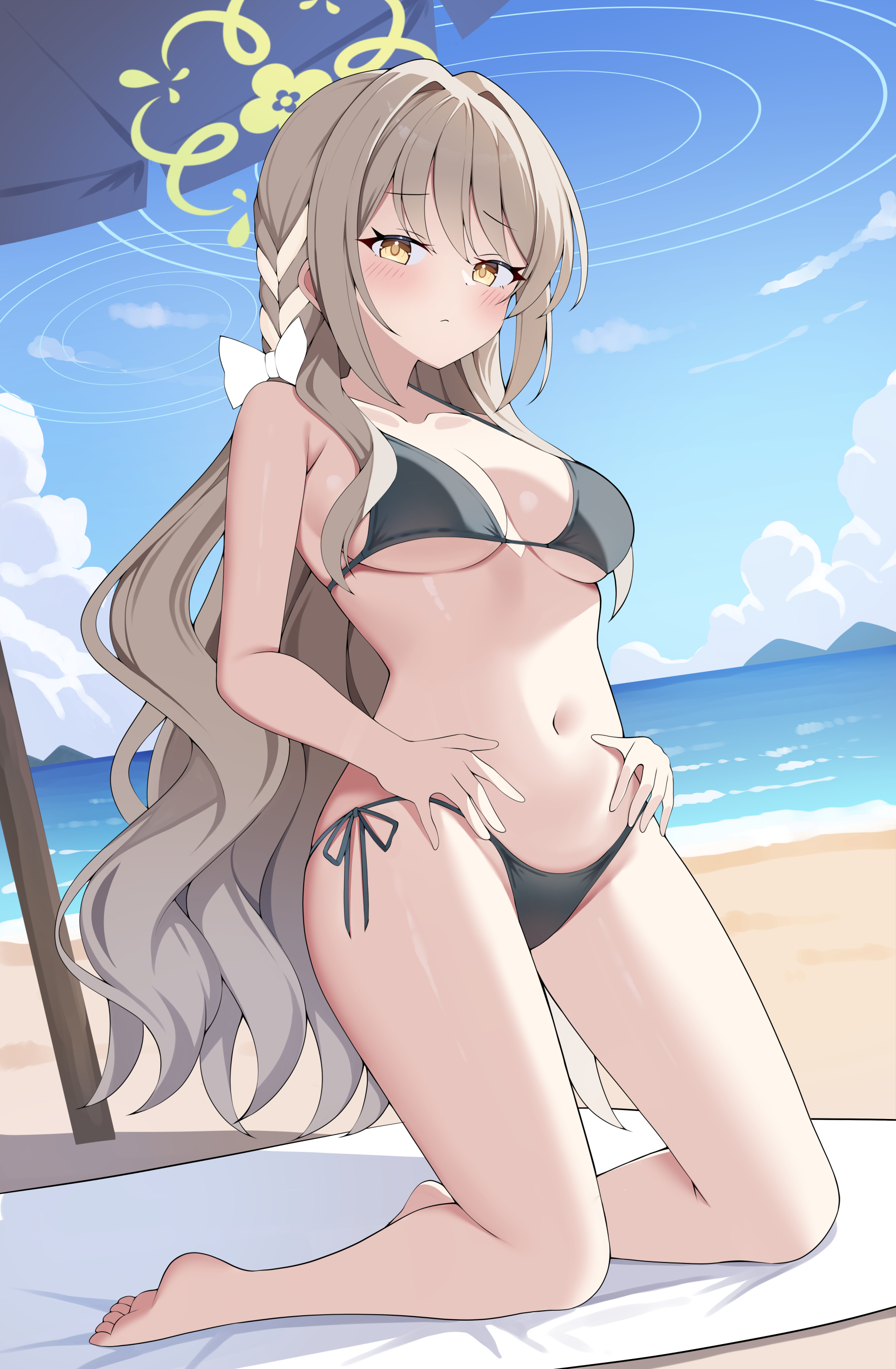 sob (submar1089), miyo (blue archive), blue archive, absurdres, commentary, highres, 1girl, alternate costume, bare shoulders, beach, bikini, black bikini, blush, bow, breasts, brown hair, cleavage, closed mouth, collarbone, day, green halo, hair bow, halo, hands on own stomach, kneeling, long hair, looking at viewer, navel, outdoors, side-tie bikini bottom, solo, stomach, swimsuit, very long hair, white bow, yellow eyes