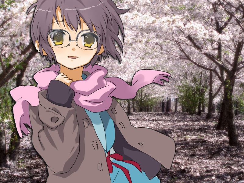 r (sena007), nagato yuki, suzumiya haruhi no shoushitsu, suzumiya haruhi no yuuutsu, 00s, 10s, glasses, jacket, scarf, school, school uniform, serafuku, solo, wind