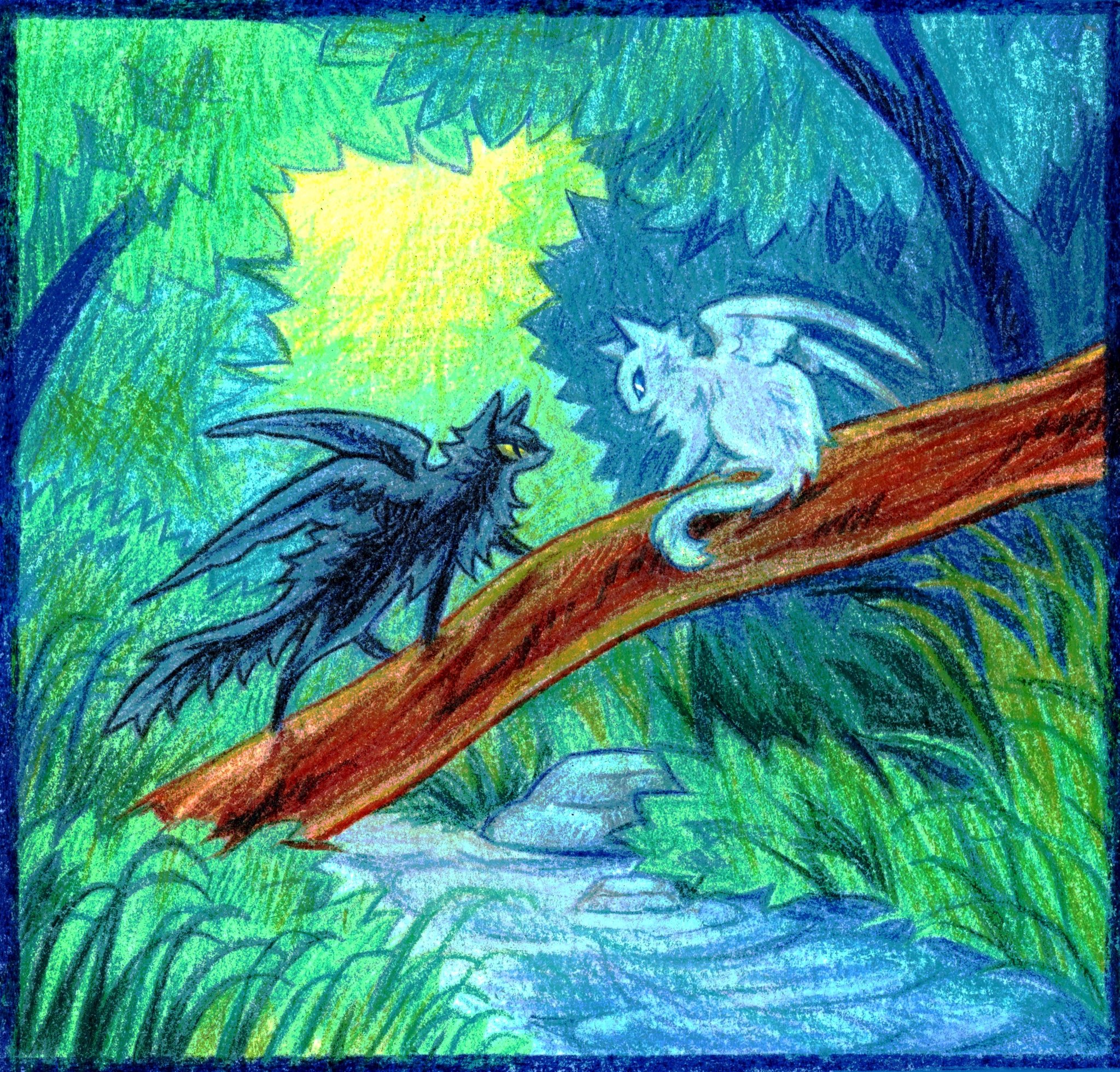 kitty (fernwhisker), original, commentary, crayon (medium), english commentary, highres, traditional media, animal, animal focus, black cat, black vs white, blue border, blue eyes, border, cat, fallen tree, grass, green eyes, log, nature, no humans, outdoors, river, rock, sitting, tree, walking, water, white cat, wings