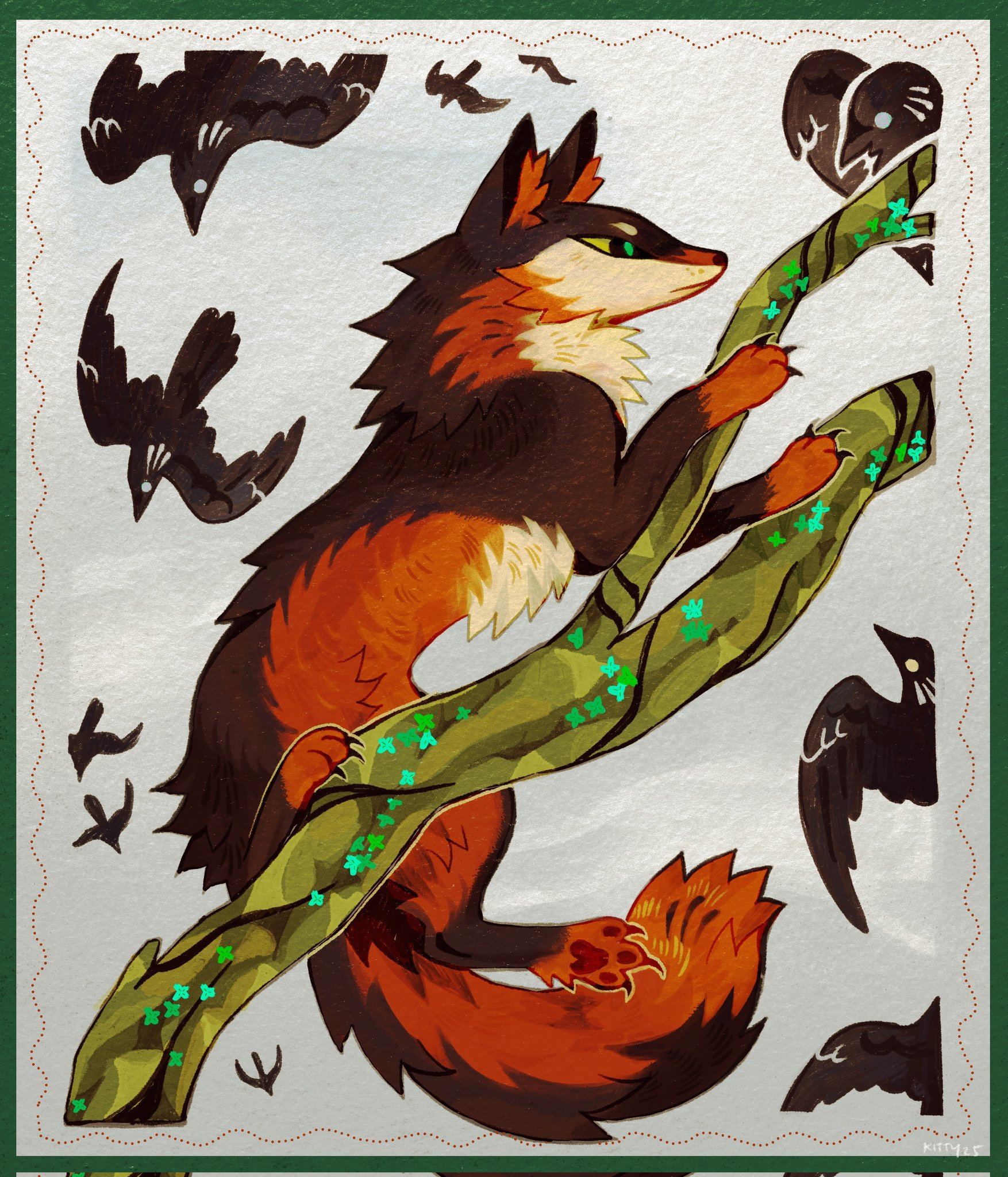 kitty (fernwhisker), original, commentary, corrupted twitter file, english commentary, highres, animal, animal focus, bird, black eyes, border, branch, brown fur, claws, climbing, colored sclera, coyote, full body, green border, green pupils, green sclera, grey background, no humans, pawpads, signature, simple background, solo focus