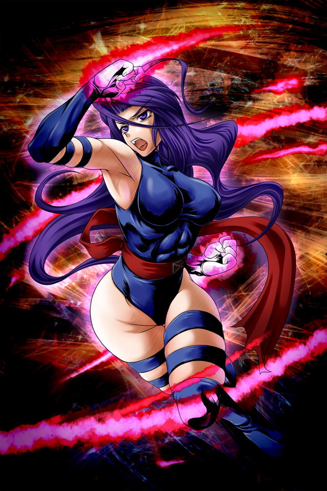 ootsuki wataru, psylocke, marvel, x-men, bad id, bad pixiv id, 1girl, abs, animification, armpits, bridal gauntlets, female focus, gloves, leotard, long hair, muscular, open mouth, purple eyes, purple hair, sash, skin tight, solo