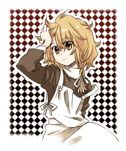 arata iri, kirisame marisa, touhou, 1girl, adjusting hair, apron, argyle background, argyle clothes, blonde hair, braid, checkered background, female focus, hand on own head, messy hair, short hair, side braid, solo, strap slip, yellow eyes