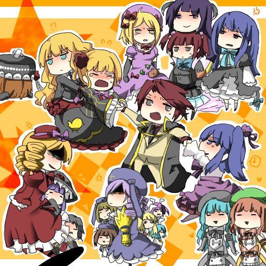 beatrice (umineko), chiester00, chiester410, chiester45, chiester sisters, cornelia (umineko), dlanor a. knox, eiserne jungfrau, eva beatrice, featherine augustus aurora, frederica bernkastel, furfur, furudo erika, gaap (umineko), gertrude (umineko), lambdadelta, ronove (umineko), ushiromiya ange, ushiromiya battler, virgilia (umineko), zepar, 07th expansion, no naku koro ni (series), umineko no naku koro ni, 00s, angry, blonde hair, blue hair, bow, cape, chibi, crossdressing, dress, everyone, grin, happy, hug, smile, tears, trap