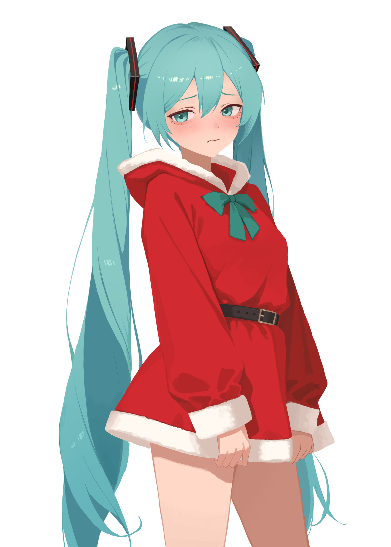 hatsune miku, vocaloid, highres, 1girl, aqua eyes, aqua hair, bare legs, belt, blush, bow, christmas, cowboy shot, dress, embarrassed, fur-trimmed dress, fur trim, hair between eyes, hair ornament, long hair, looking to the side, red dress, santa costume, santa dress, simple background, soda log, solo, thighs, twintails, very long hair, white background