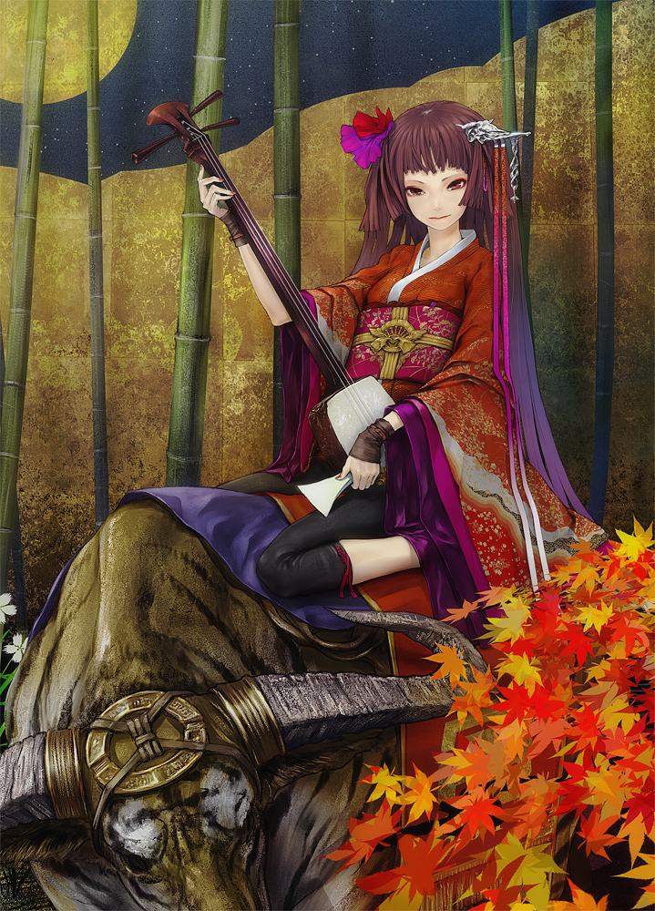 redjuice, original, 1girl, bamboo, bamboo forest, blunt bangs, brown hair, female focus, forest, gradient hair, hair ornament, hairpin, horns, instrument, japanese clothes, kimono, leaf, long hair, maple leaf, multicolored hair, nature, plectrum, red eyes, shamisen, solo, very long hair, yukata