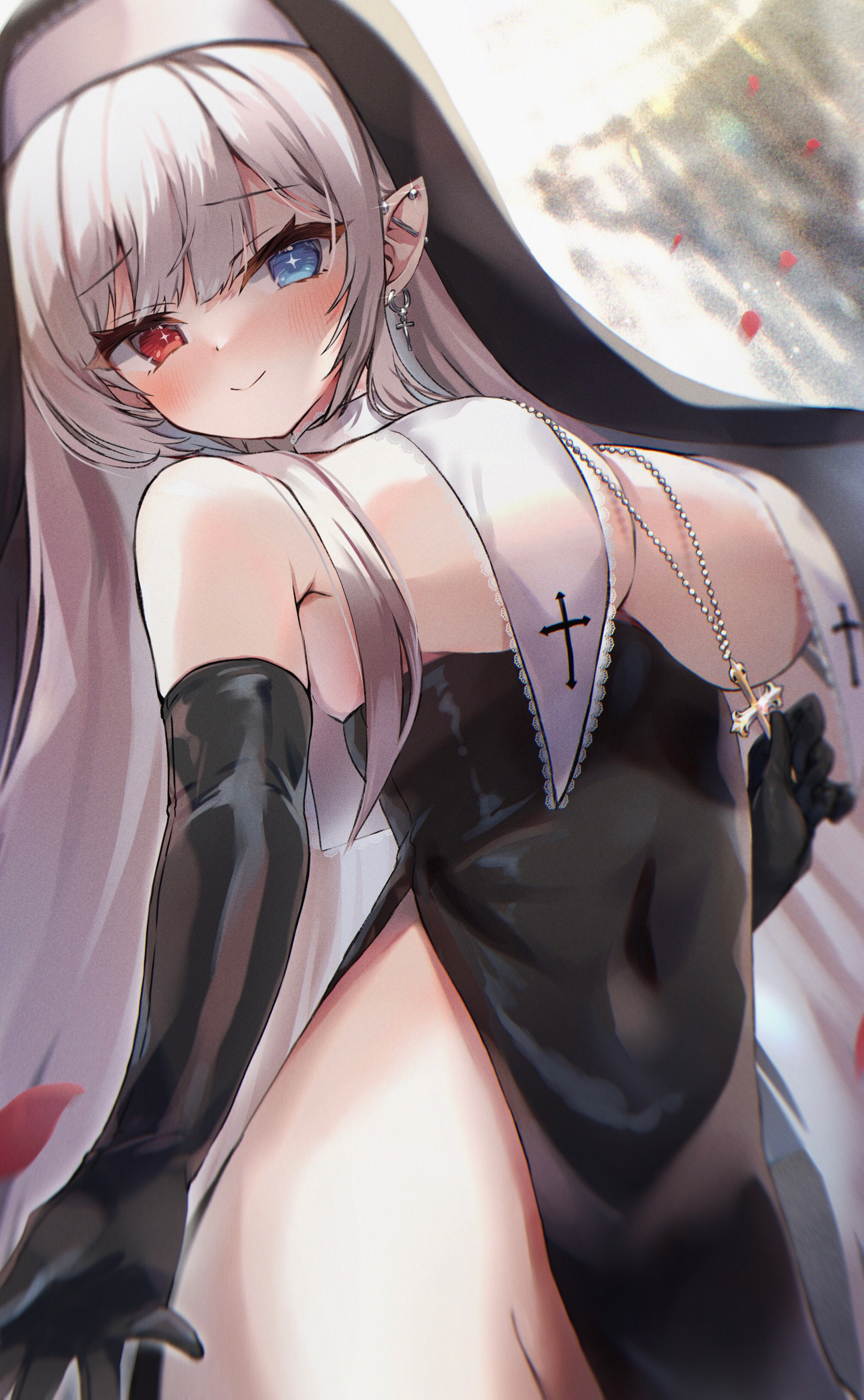 honoka chiffon, original, absurdres, commentary request, highres, 1girl, black dress, black gloves, blue eyes, breast curtains, breasts, closed mouth, cross, cross necklace, dress, ear piercing, earrings, elbow gloves, gloves, heterochromia, jewelry, necklace, no bra, no panties, nun, petals, piercing, pointy ears, red eyes, red petals, smile, solo, white hair