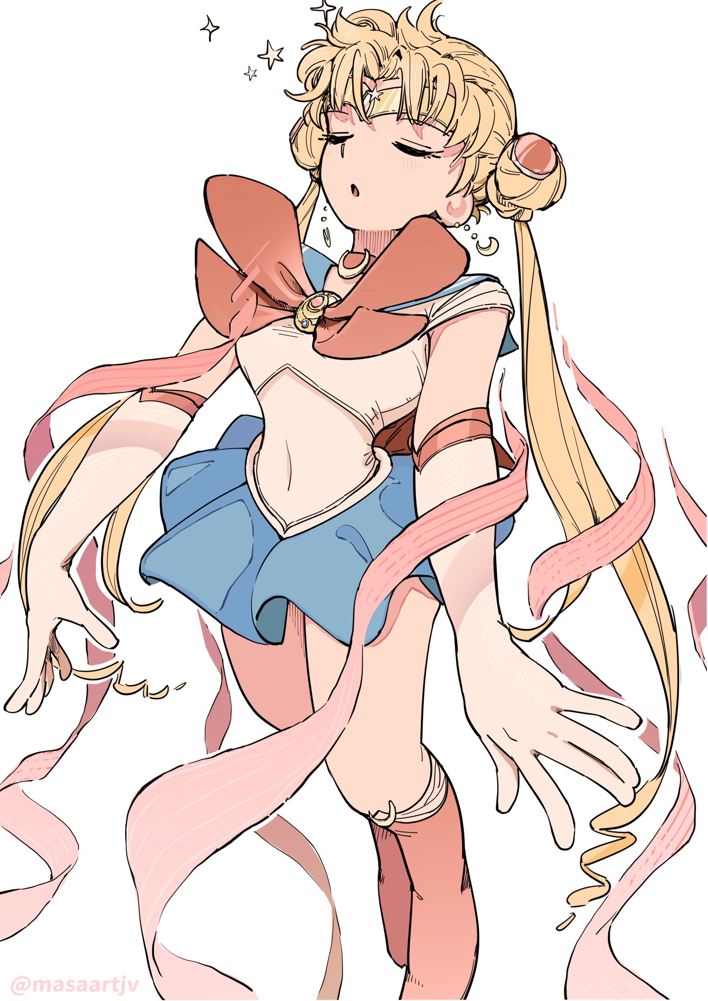 masaartjv, sailor moon, tsukino usagi, bishoujo senshi sailor moon, commentary, highres, 1girl, artist name, blonde hair, blue sailor collar, blue skirt, boots, bow, bowtie, choker, circlet, closed eyes, covered navel, crescent, crescent choker, crescent earrings, earrings, elbow gloves, gloves, jewelry, knee boots, long hair, magical girl, miniskirt, red boots, red bow, red bowtie, red choker, sailor collar, sailor senshi, sailor senshi uniform, simple background, skirt, solo, star (symbol), twintails, very long hair, white background, white gloves