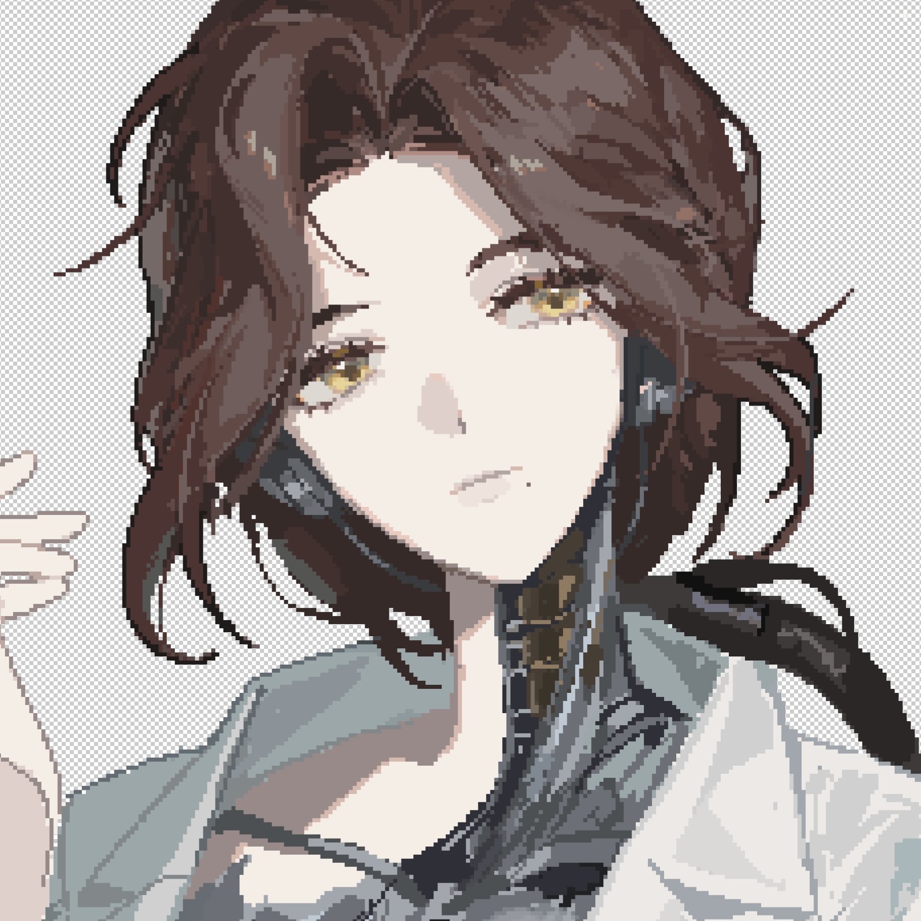 pelly.k, lucy (reverse:1999), reverse:1999, highres, 1girl, android, brown hair, cable, closed mouth, fake transparency, hand up, looking at viewer, metal skin, mole, mole under mouth, pixel art, portrait, robot ears, robot girl, shirt, short hair, solo, white shirt, yellow eyes