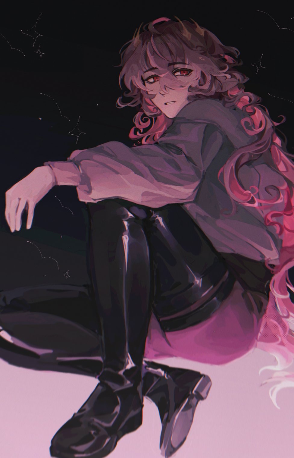 technoblade, minecraft youtube, commentary, hashtag-only commentary, highres, 1boy, ahoge, androgynous, animification, bishounen, black boots, boots, crossed bangs, crown, curly hair, full body, grey pants, hair between eyes, humanization, long hair, looking at viewer, makchiken228, male focus, painterly, pants, pink hair, pointy ears, red eyes, shirt, sitting, trap, very long hair, white shirt