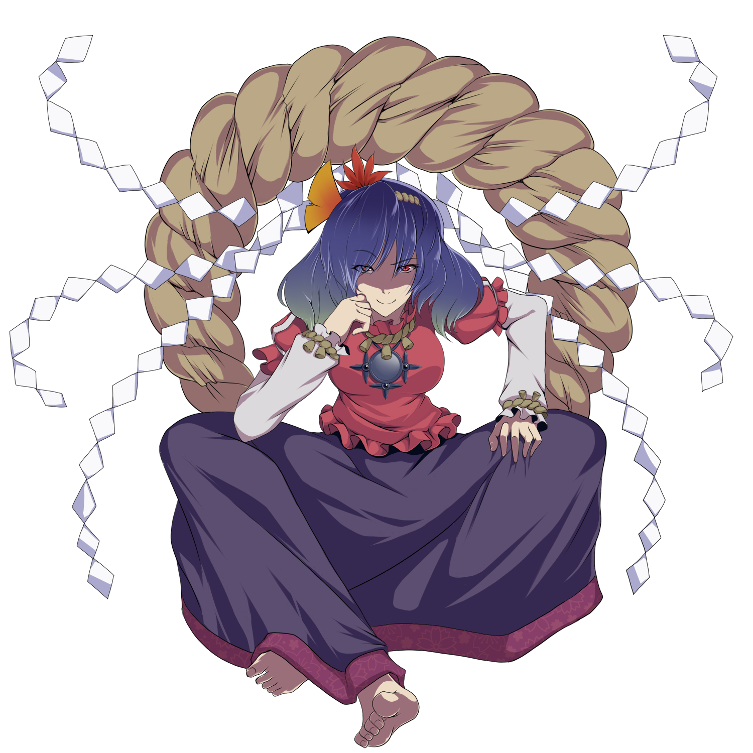 kupala, yasaka kanako, touhou, bad id, bad pixiv id, highres, 1girl, barefoot, blue hair, feet, female focus, full body, hair ornament, jewelry, leaf, leaf hair ornament, necklace, purple hair, red eyes, rope, shimenawa, short hair, skirt, smile, soles, solo, toes, transparent background
