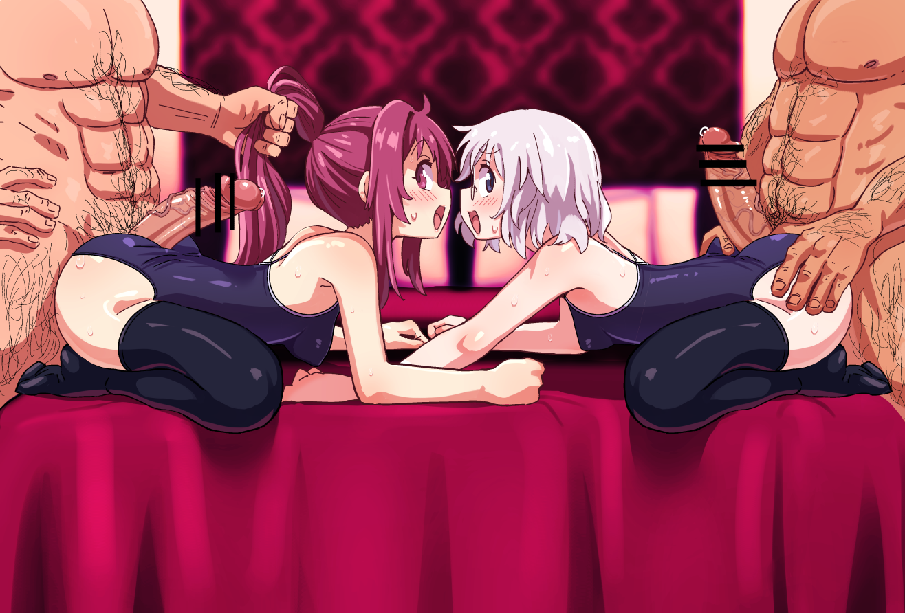 chiden, ikeda chitose, sugiura ayano, yuruyuri, 2boys, 2girls, censored, multiple boys, multiple girls, penis