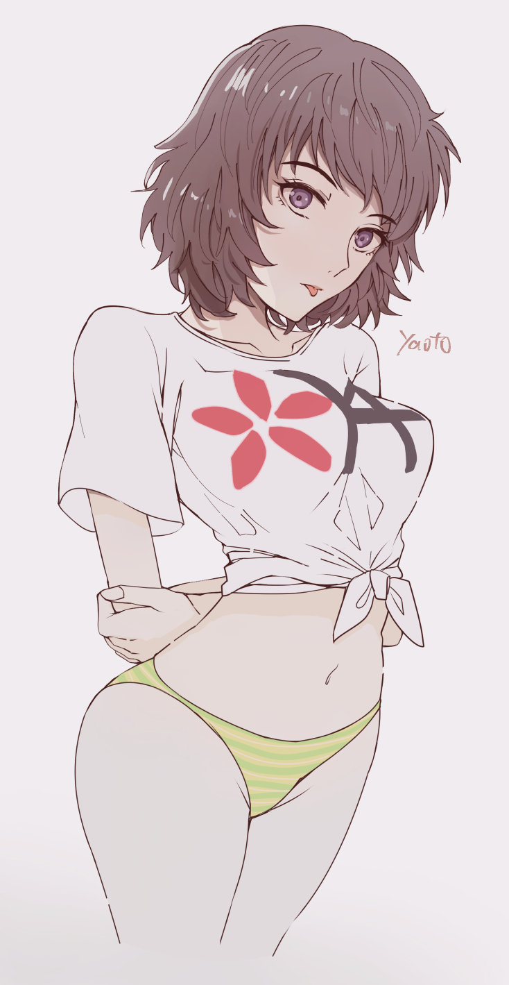 yaoto, kawakami sadayo, persona, persona 5, highres, 1girl, arms behind back, artist name, bikini, bikini bottom only, brown hair, green bikini, multicolored bikini, navel, print shirt, shirt, short hair, simple background, solo, standing, striped bikini, striped clothes, swimsuit, tied shirt, tongue, tongue out, two-tone bikini, white background, white shirt, yellow bikini