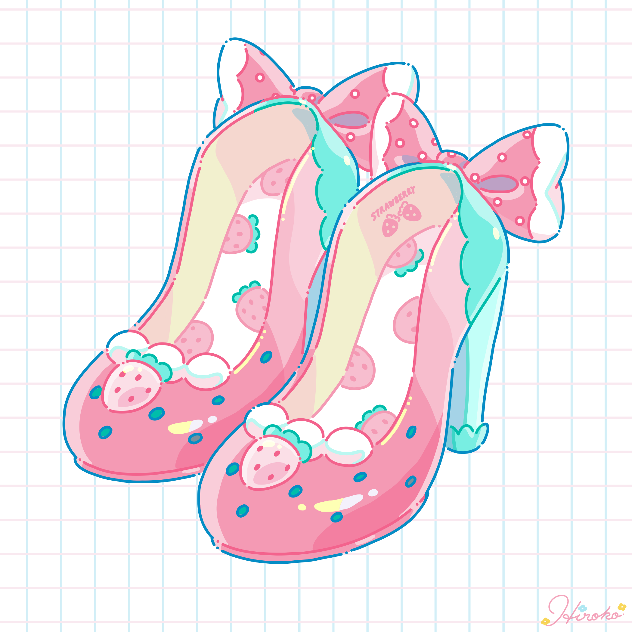 hiro046k, original, commentary request, highres, bow, food print, footwear bow, footwear focus, fruit print, grid background, high heels, no humans, pink shoes, print shoes, red bow, shoes, signature, strawberry print, white background