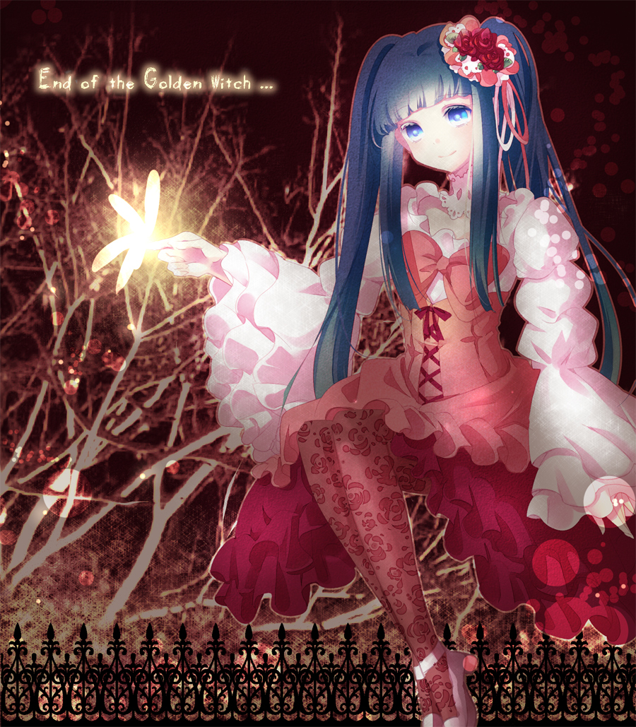 furudo erika, umineko no naku koro ni, 00s, blue eyes, blue hair, bow, bug, butterfly, dress, hair ornament, pantyhose, sitting, smile, twintails