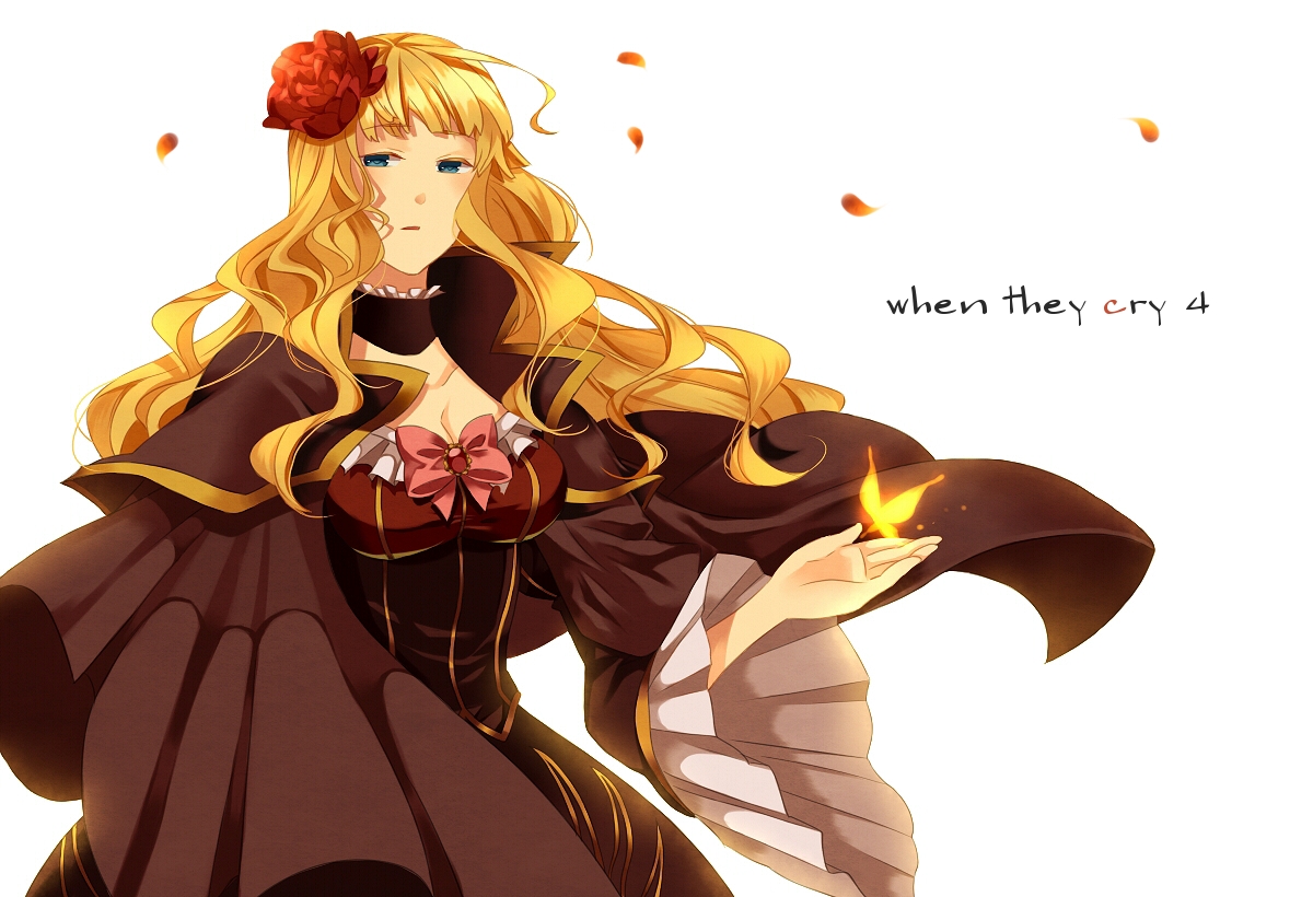kouichirou, beatrice (umineko), umineko no naku koro ni, 00s, 1girl, blonde hair, blue eyes, bow, breasts, bug, butterfly, cape, choker, cleavage, dress, female focus, flower, hair flower, hair ornament, large breasts, long hair, petals, rose, solo, white background