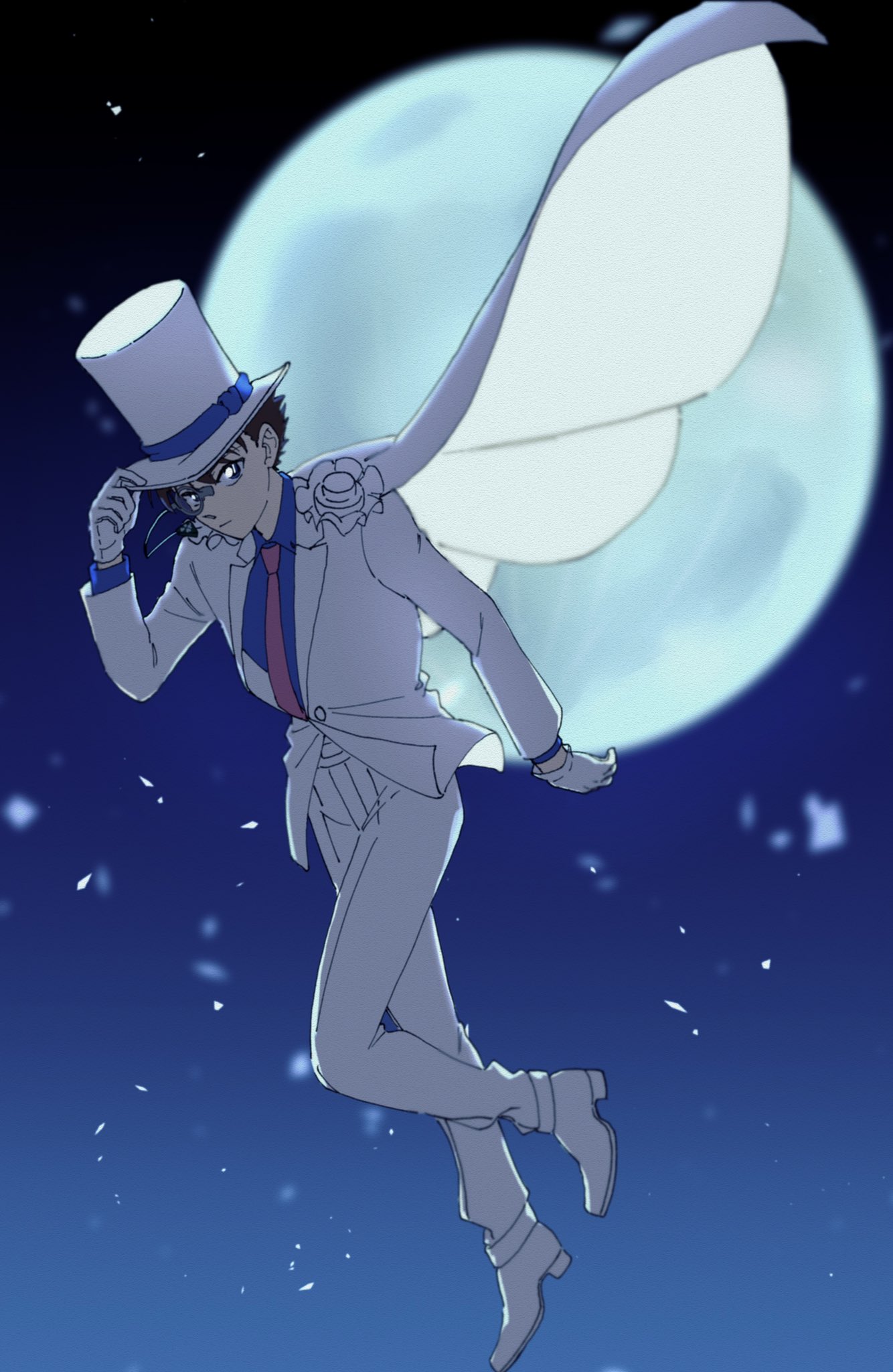 kaitou kid, magic kaito, commentary request, highres, 1boy, arituhama, blue shirt, cape, closed mouth, collared shirt, floating cape, formal clothes, full body, full moon, hat, jacket, male focus, monocle, moon, necktie, pants, red necktie, shirt, solo, suit, top hat, white cape, white jacket, white pants, white suit