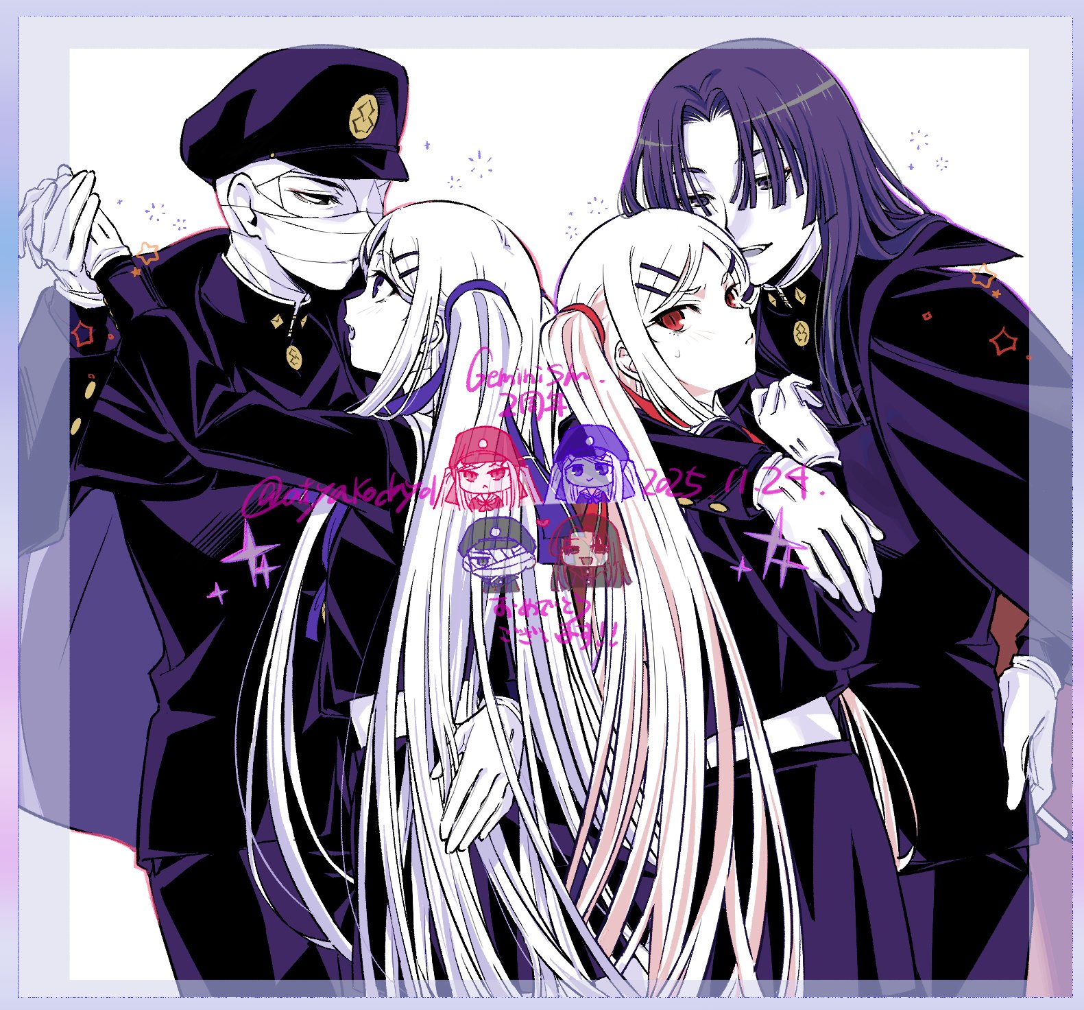 atyakodayo1, highres, 2boys, 2girls, :d, bandaged head, bandages, black cape, black eyes, blue eyes, cape, copyright name, couple, eye contact, gakuran, gakuseibou, geminism, gloves, grey eyes, hat, hetero, hirosoma kikyou, hirosoma shinku, holding hands, hug, long hair, looking at another, looking to the side, multiple boys, multiple girls, open mouth, partially colored, red eyes, school uniform, siblings, sisters, smile, sweat, tsukishiro tsukishiro, twins, twitter username, white gloves, yamaga awasumi