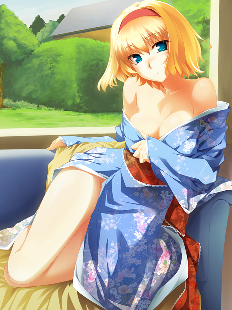 hinohoshi ataru, sany, alice margatroid, touhou, 1girl, bare legs, bare shoulders, blonde hair, blue eyes, breasts, cleavage, couch, female focus, hairband, indoors, japanese clothes, kimono, kimono down, kimono pull, large breasts, looking at viewer, no bra, off shoulder, short hair, solo, tree, undressing