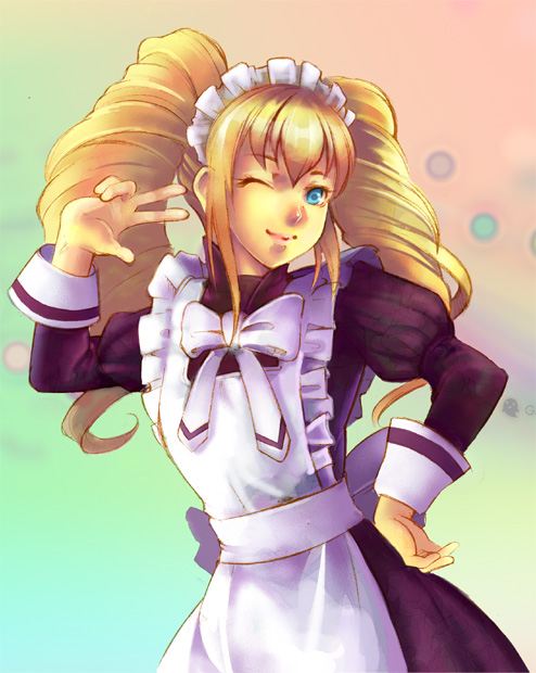 taka (sanoujo358), yuni (dance dance revolution), bemani, dance dance revolution, bad id, bad pixiv id, 1girl, apron, blonde hair, blue eyes, drill hair, female focus, hand on own hip, maid, maid apron, maid headdress, one eye closed, ribbon, solo, twin drills, twintails, v, wink, wrist cuffs