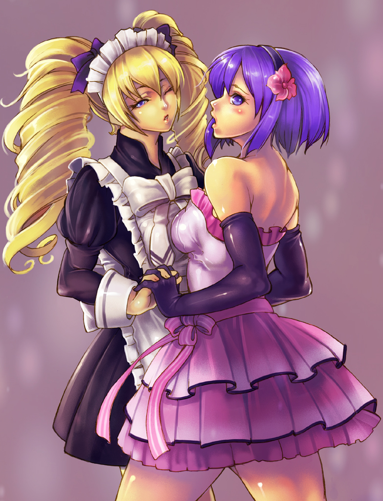 taka (sanoujo358), toshiba emi, yuni (dance dance revolution), bemani, dance dance revolution, konami, 2girls, back, blonde hair, blue eyes, blue hair, blue theme, bow, dancing, dress, drill hair, elbow gloves, flower, frilled dress, frills, gloves, hair bow, hair flower, hair ornament, hat, headband, holding hands, maid, maid headdress, multiple girls, one eye closed, purple hair, ribbon, short hair, skirt, strapless, strapless dress, twin drills, twintails