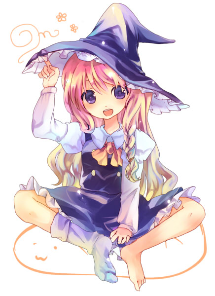 kedama milk, kirisame marisa, touhou, bad id, bad pixiv id, 1girl, barefoot, blonde hair, blue eyes, braid, female focus, full body, hand on headwear, hat, long hair, open mouth, purple eyes, side braid, single sock, sitting, smile, socks, solo, white background, white socks, witch, witch hat