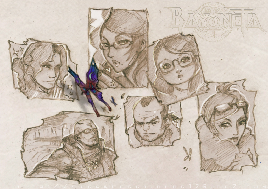 diana jakobsson, bayonetta, cereza, enzo, jeanne (bayonetta), luka, luka redgrave, rodin, bayonetta (series), bayonetta 1, 3boys, 3girls, bug, butterfly, glasses, insect, multiple boys, multiple girls, sketch