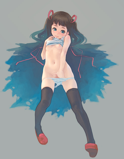 weno, copyright request, 1girl, blue eyes, blush, breasts, brown hair, clothing aside, female focus, loli, panties, panties aside, panty pull, pussy, small breasts, solo, thighhighs, twintails, underwear