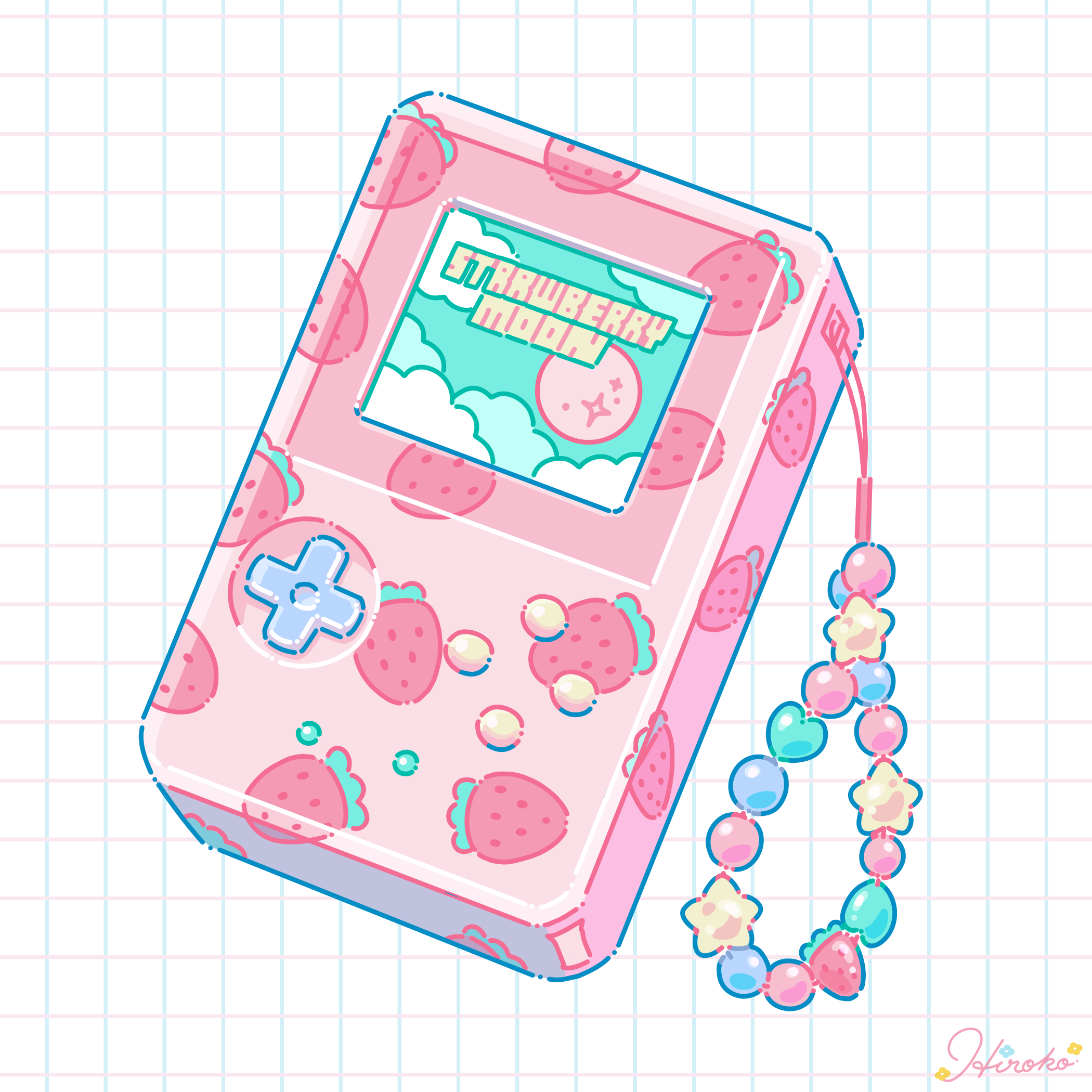 hiro046k, original, commentary request, highres, charm (object), d-pad, food print, fruit print, game boy, grid background, handheld game console, no humans, object focus, signature, strawberry print, white background