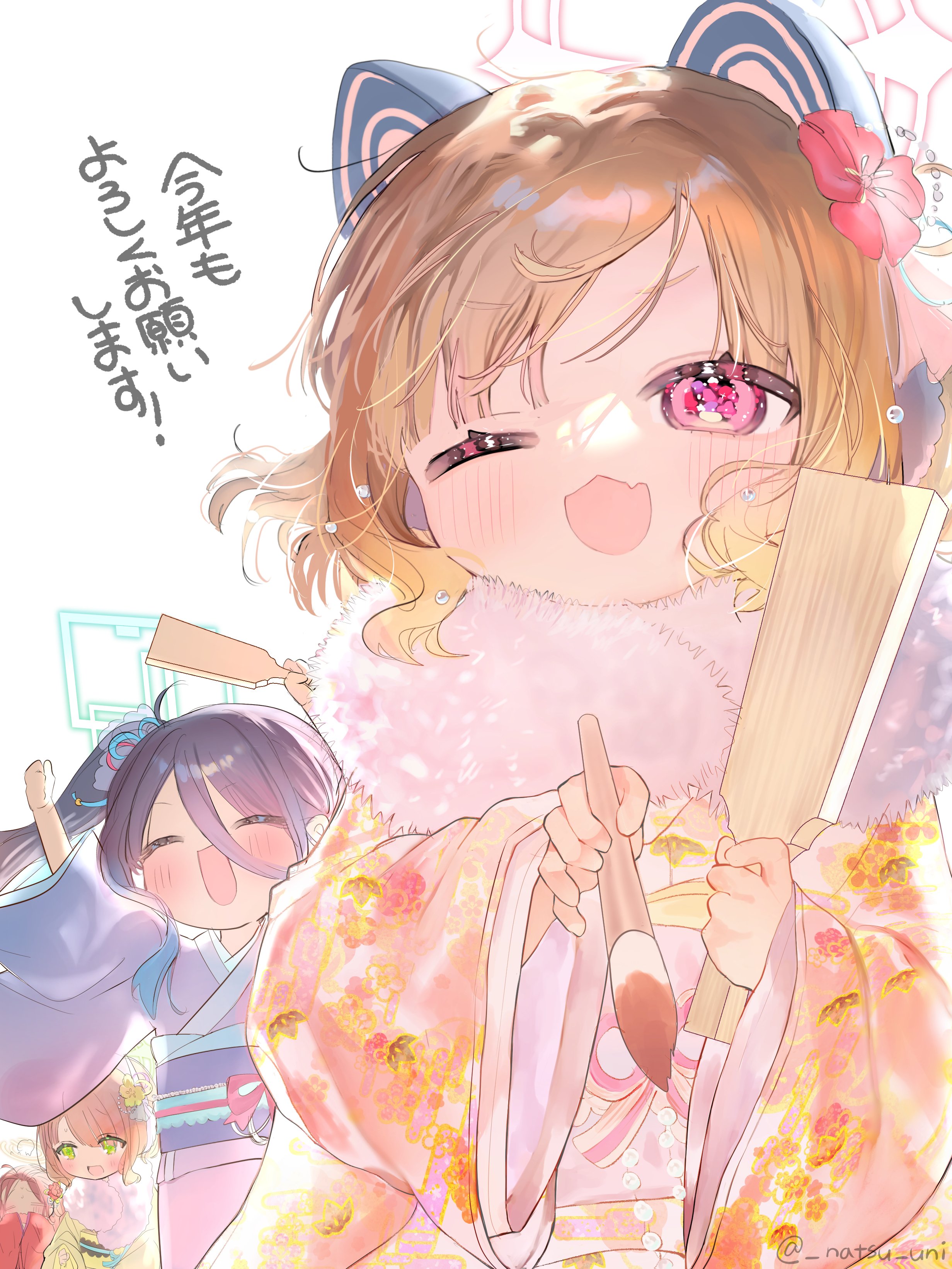 amanatsu uni, aris (blue archive), midori (blue archive), momoi (blue archive), yuzu (blue archive), blue archive, nexon, absurdres, commentary, commentary request, highres, 4girls, animal ear headphones, animal ears, artist name, beads, blonde hair, blue hair, blue halo, blue kimono, blush, cat ear headphones, cat ears, closed eyes, covering own mouth, fake animal ears, fang, flower, flying sweatdrops, green halo, green kimono, hair between eyes, hair flower, hair ornament, halo, headphones, holding, japanese clothes, kimono, long hair between eyes, multiple girls, oar, one eye closed, open mouth, paddle, paint, paintbrush, pink eyes, pink halo, ponytail, red flower, red hair, red kimono, ribbon, sash, short hair, signature, simple background, skin fang, sparkle, sparkling eyes, sweat, sweatdrop, thick eyelashes, twitter username, yellow flower, yellow halo, yellow kimono