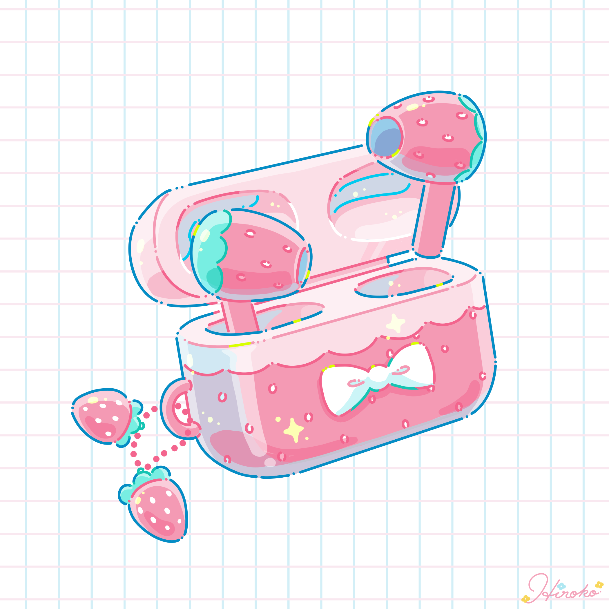 hiro046k, original, commentary request, highres, bow, food, fruit, grid background, no humans, object focus, signature, strawberry, white background, white bow, wireless earphones