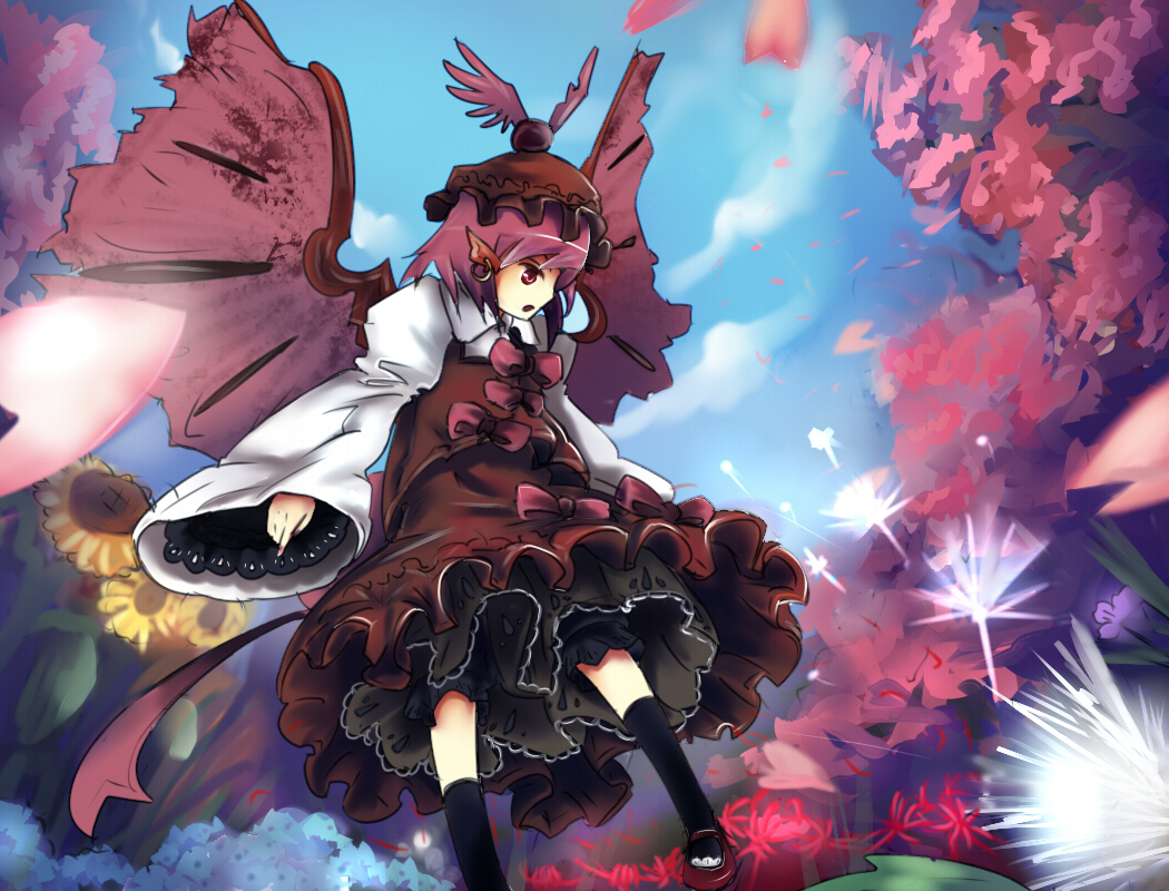 murani, mystia lorelei, touhou, 1girl, animal ears, cloud, day, dress, female focus, flower, gradient background, hat, kneehighs, legs, long sleeves, mary janes, nature, open mouth, outdoors, petals, pink hair, plant, profile, shoes, short hair, sky, socks, solo, tree, wide sleeves, wings