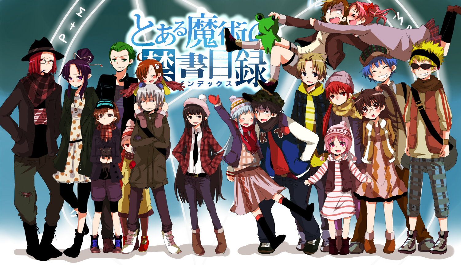 pun2, accelerator (toaru majutsu no index), agnese sanctis, aogami pierce, aureolus ezzard, aureolus izzard, gekota, himegami aisa, index (toaru majutsu no index), kamijou touma, kanzaki kaori, kazakiri hyouka, last order (toaru majutsu no index), misaka imouto, misaka mikoto, musujime awaki, shirai kuroko, stiyl magnus, tsuchimikado motoharu, tsukuyomi komoe, unabara mitsuki, toaru kagaku no railgun, toaru majutsu no index, toaru majutsu no index: old testament, bad id, bad pixiv id, 00s, 6+boys, 6+girls, alternate costume, casual, electricity, electrokinesis, everyone, head-mounted display, leggings, multiple boys, multiple girls