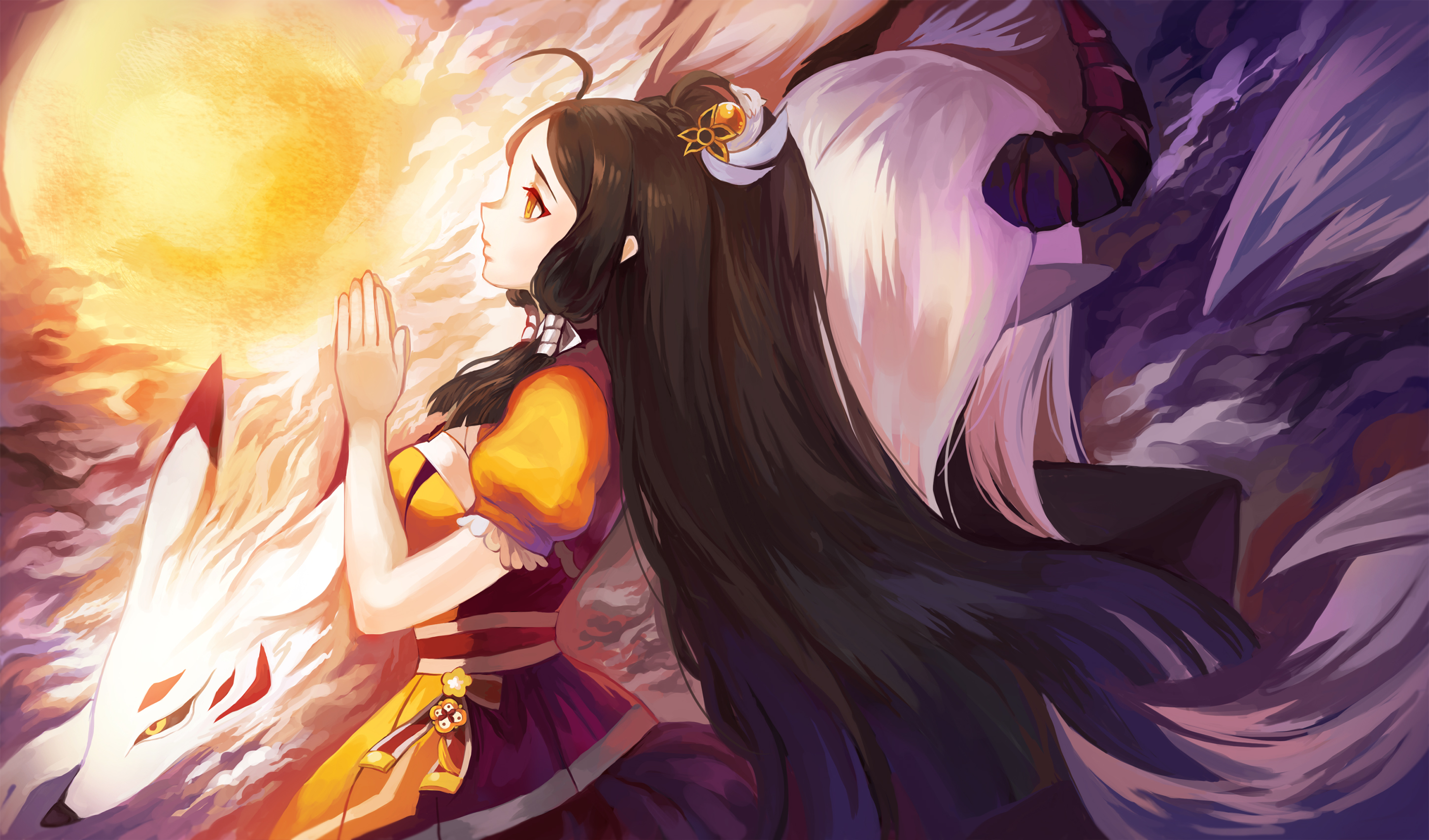 amyucheu, ara haan, eun (elsword), ran (elsword), elsword, commentary request, highres, korean commentary, mixed-language commentary, 1boy, 1girl, alternate costume, animal, black hair, black horns, brother and sister, closed mouth, demon horns, dress, fox, from behind, from side, hair ornament, horns, long hair, orange dress, orange eyes, own hands together, pointy ears, profile, siblings, very long hair, white hair