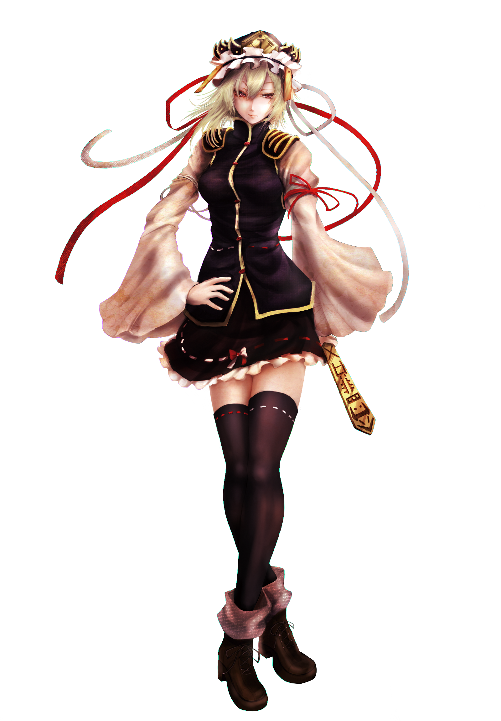 koukyou, takakyo, shiki eiki, touhou, highres, 1girl, alternate hair color, blonde hair, boots, bow, female focus, full body, hand on own hip, hat, legs, lips, red eyes, rod of remorse, solo, thighhighs, transparent background, wide sleeves, zettai ryouiki