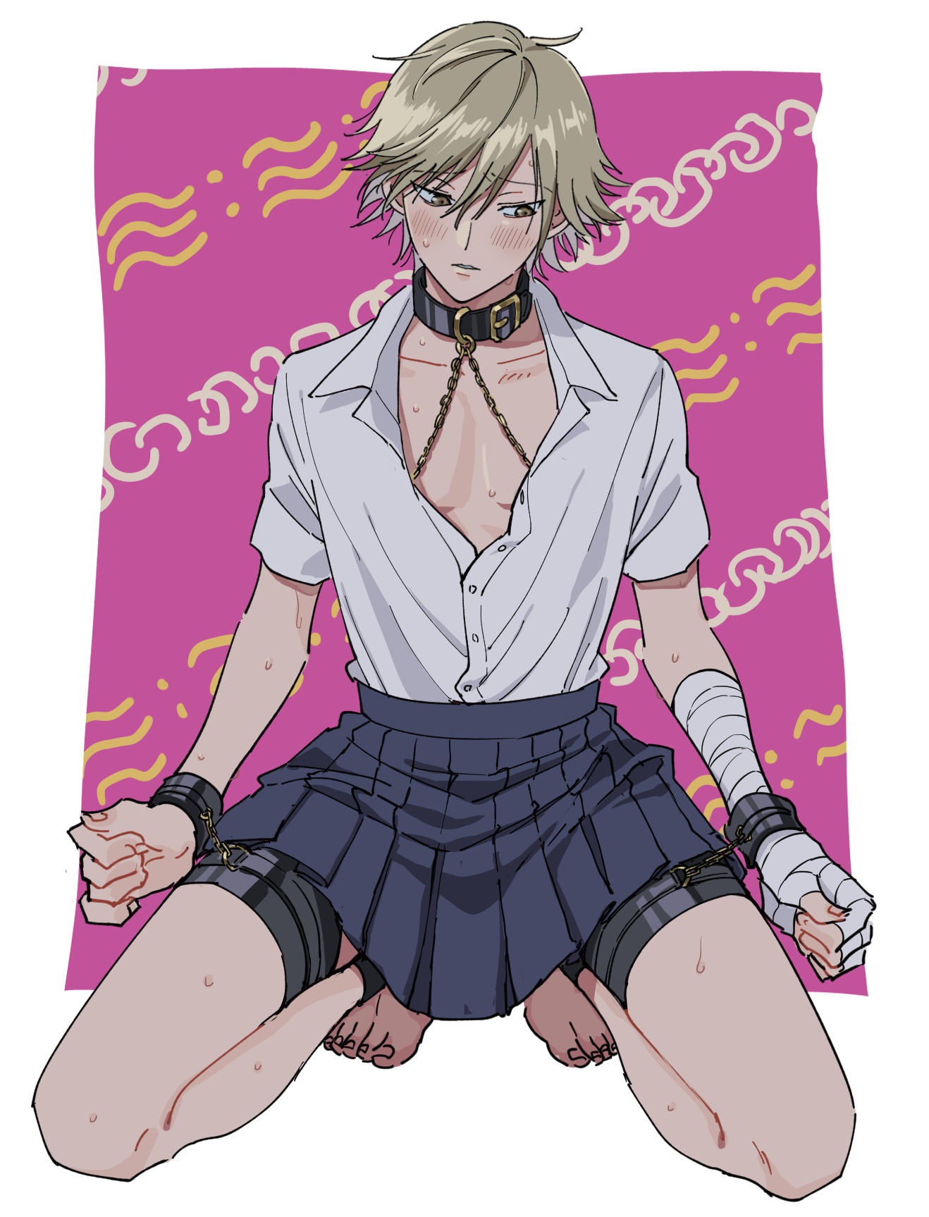 shiraishi kuranosuke, tennis no ouji-sama, commentary request, highres, 1boy, averting eyes, bandaged hand, bandages, barefoot, bdsm, belt collar, black collar, blue skirt, blush, bondage, border, bound, bound legs, brown eyes, brown hair, chained wrists, clenched hand, collar, collarbone, collared shirt, crossdressing, crossdressing (mtf), full body, furrowed brow, hair between eyes, kneeling, looking to the side, male focus, miniskirt, omanjumaturi1, pale skin, parted bangs, parted lips, partially unbuttoned, patterned background, pink background, pleated skirt, raised inner eyebrows, school uniform, shirt, shirt tucked in, short hair, short sleeves, sideways glance, skirt, solo, spread legs, straight-on, sweat, white border, white shirt